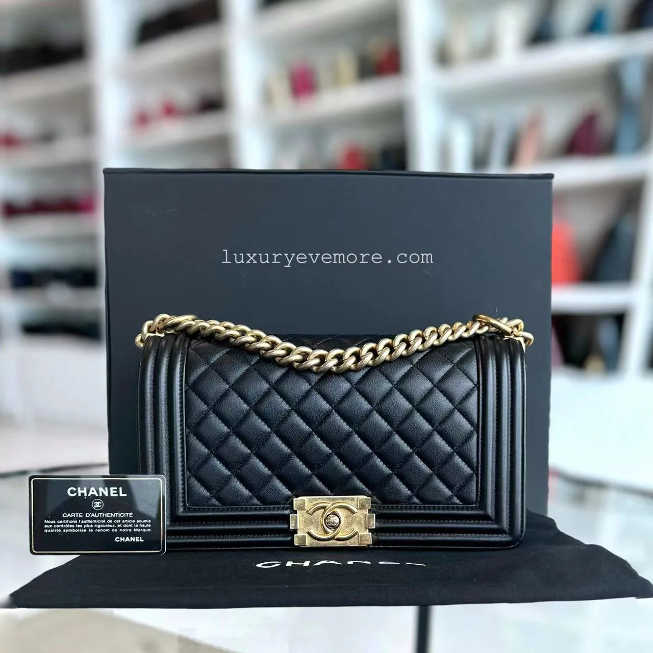 *Calfskin* Chanel Boy Old Medium 25CM Quilted Calfskin Black Leboy Golden Hardware Series 20 - Best Luxury Designers