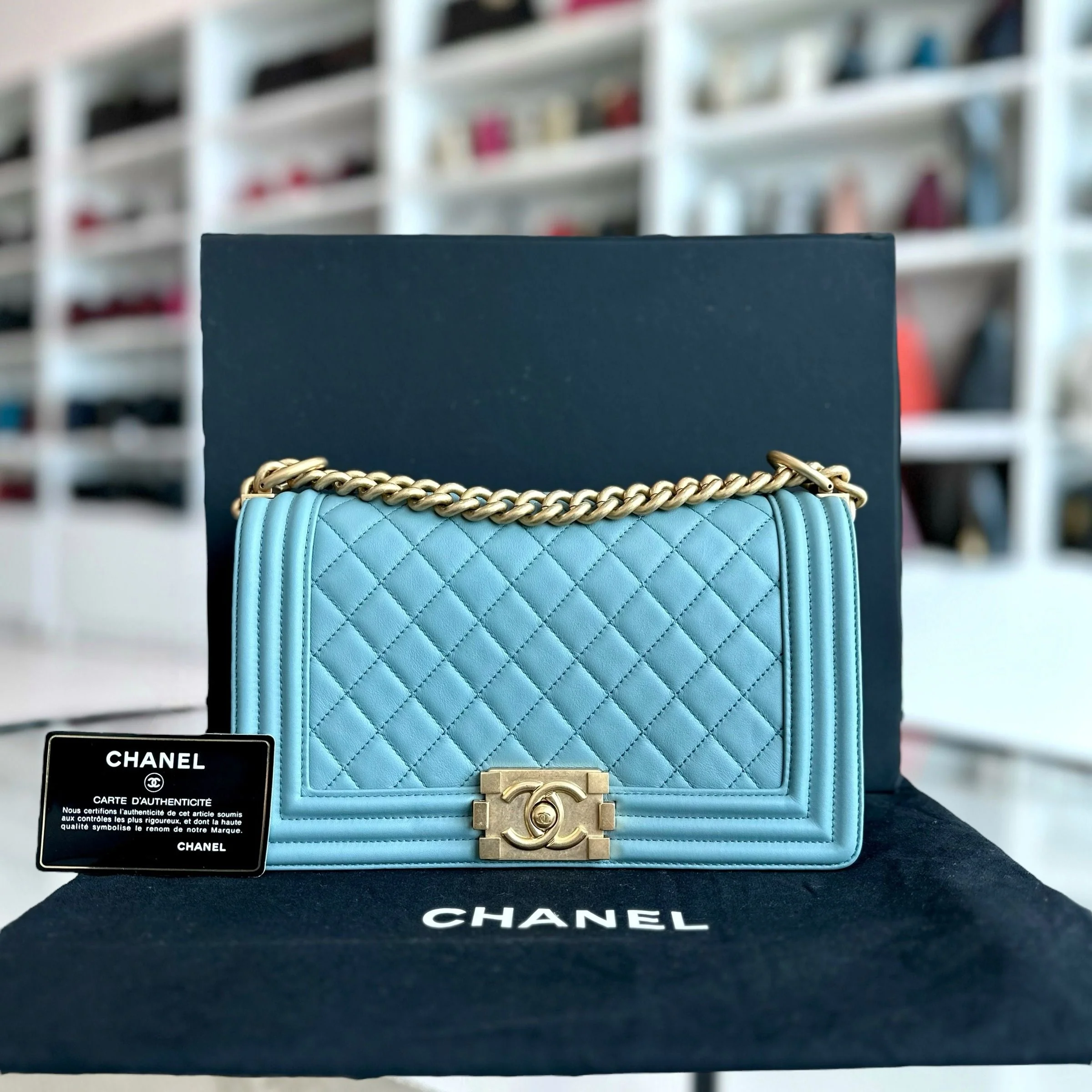 *Calfskin* Chanel Boy Old Medium 25CM Quilted Calfskin Leboy Light Blue GHW No 25 - Best Luxury Designers