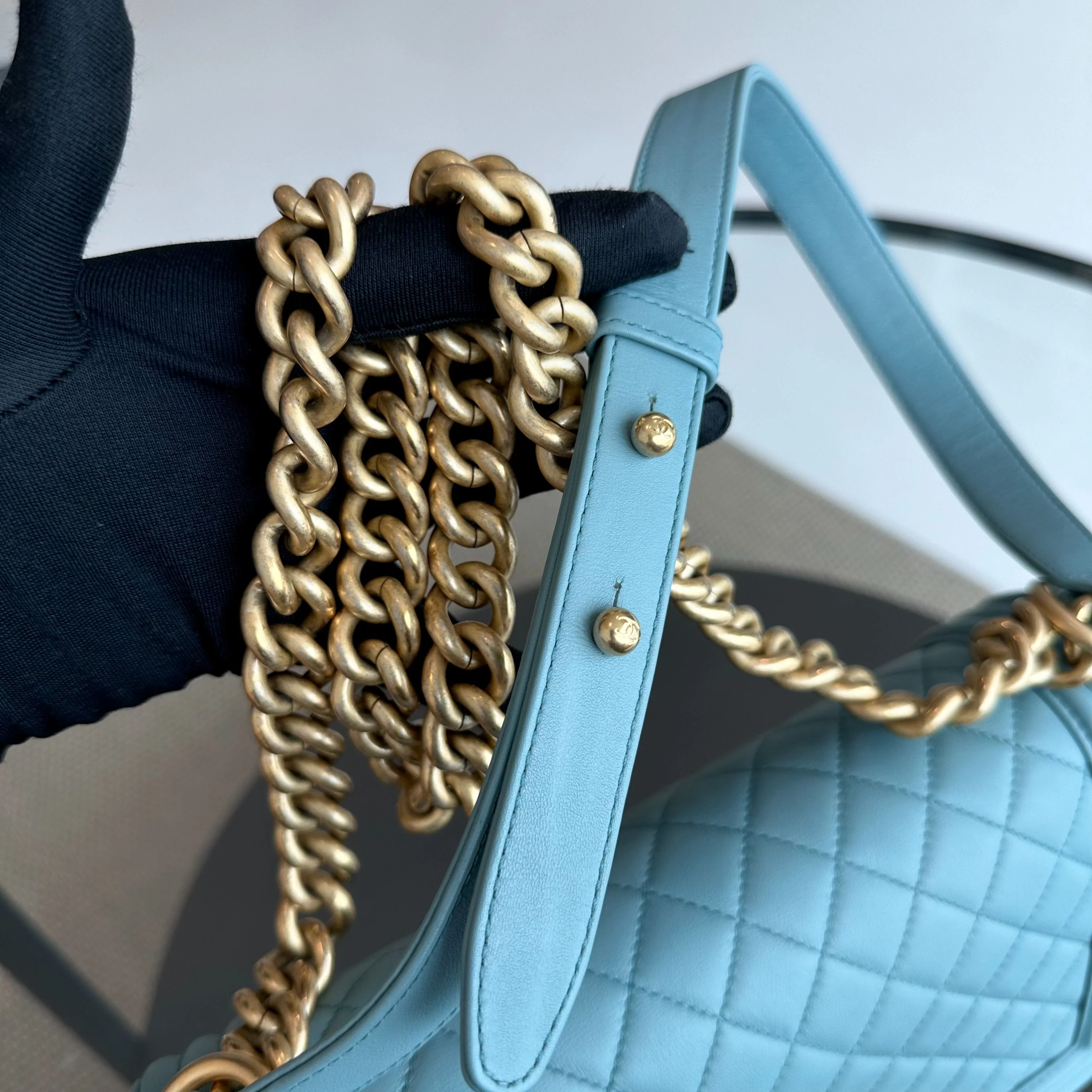 *Calfskin* Chanel Boy Old Medium 25CM Quilted Calfskin Leboy Light Blue GHW No 25 - Best Luxury Designers