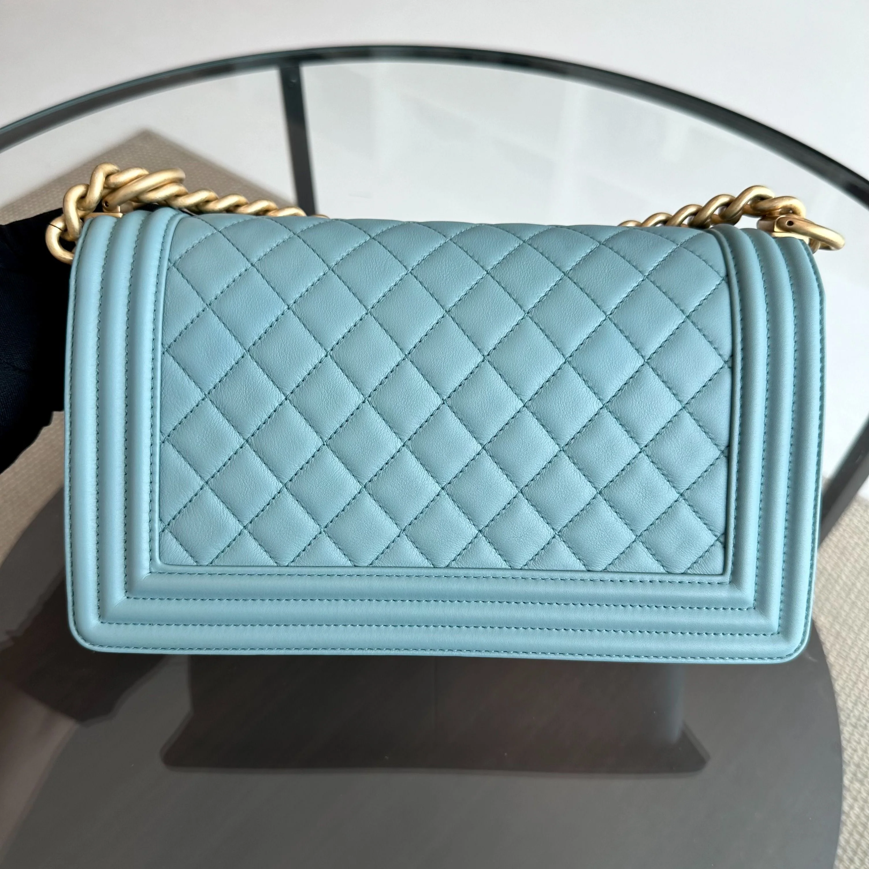 *Calfskin* Chanel Boy Old Medium 25CM Quilted Calfskin Leboy Light Blue GHW No 25 - Best Luxury Designers