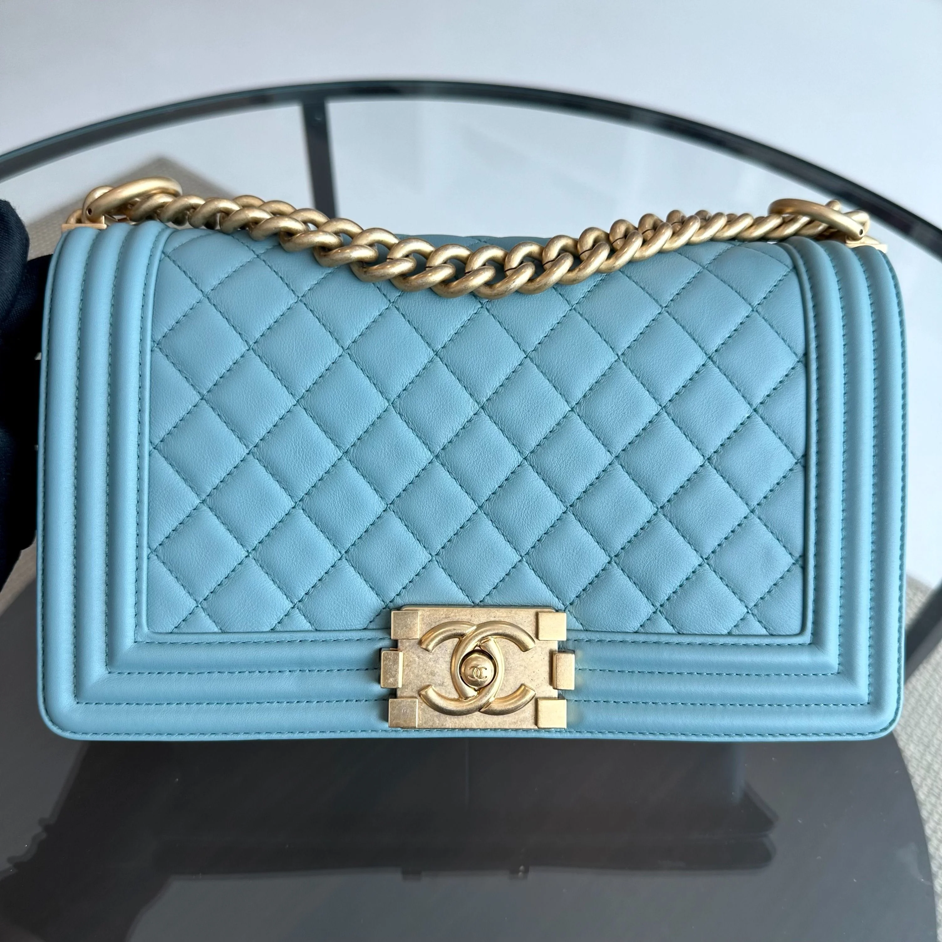 *Calfskin* Chanel Boy Old Medium 25CM Quilted Calfskin Leboy Light Blue GHW No 25 - Best Luxury Designers