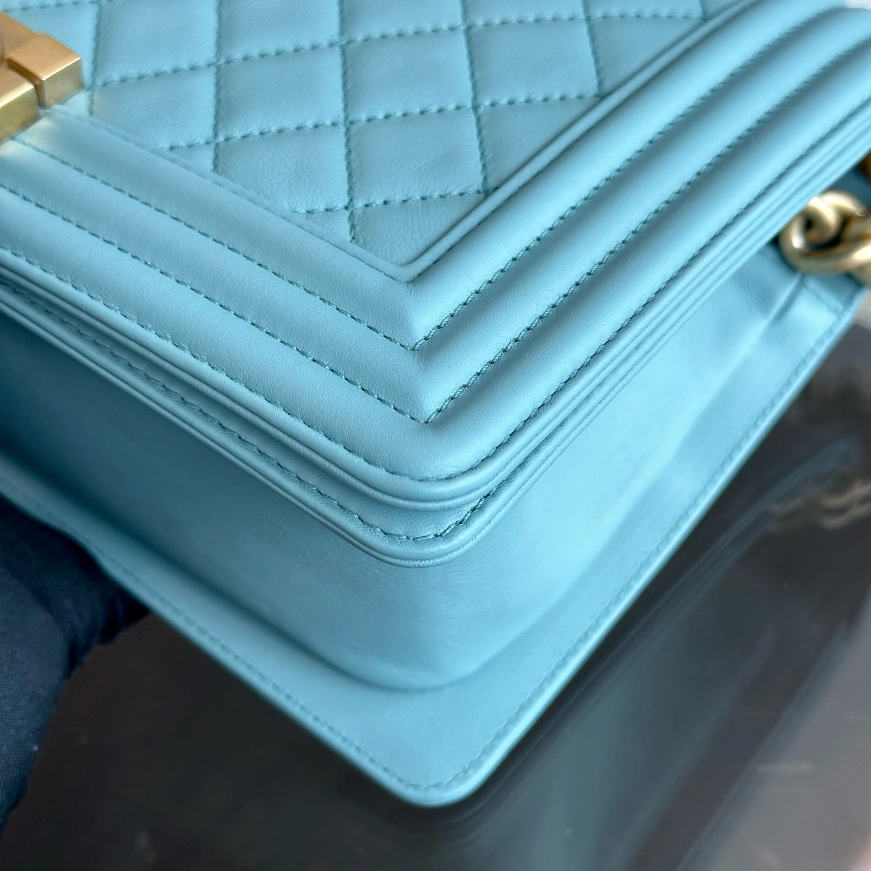 *Calfskin* Chanel Boy Old Medium 25CM Quilted Calfskin Leboy Light Blue GHW No 25 - Best Luxury Designers