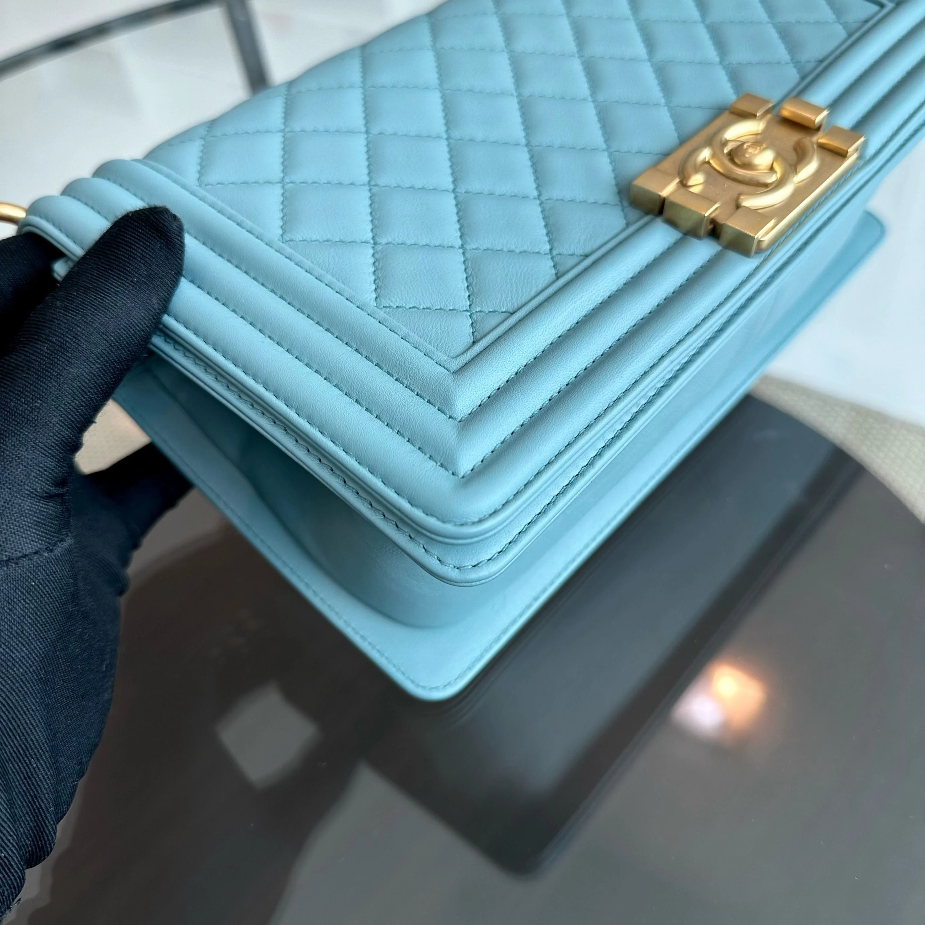 *Calfskin* Chanel Boy Old Medium 25CM Quilted Calfskin Leboy Light Blue GHW No 25 - Best Luxury Designers