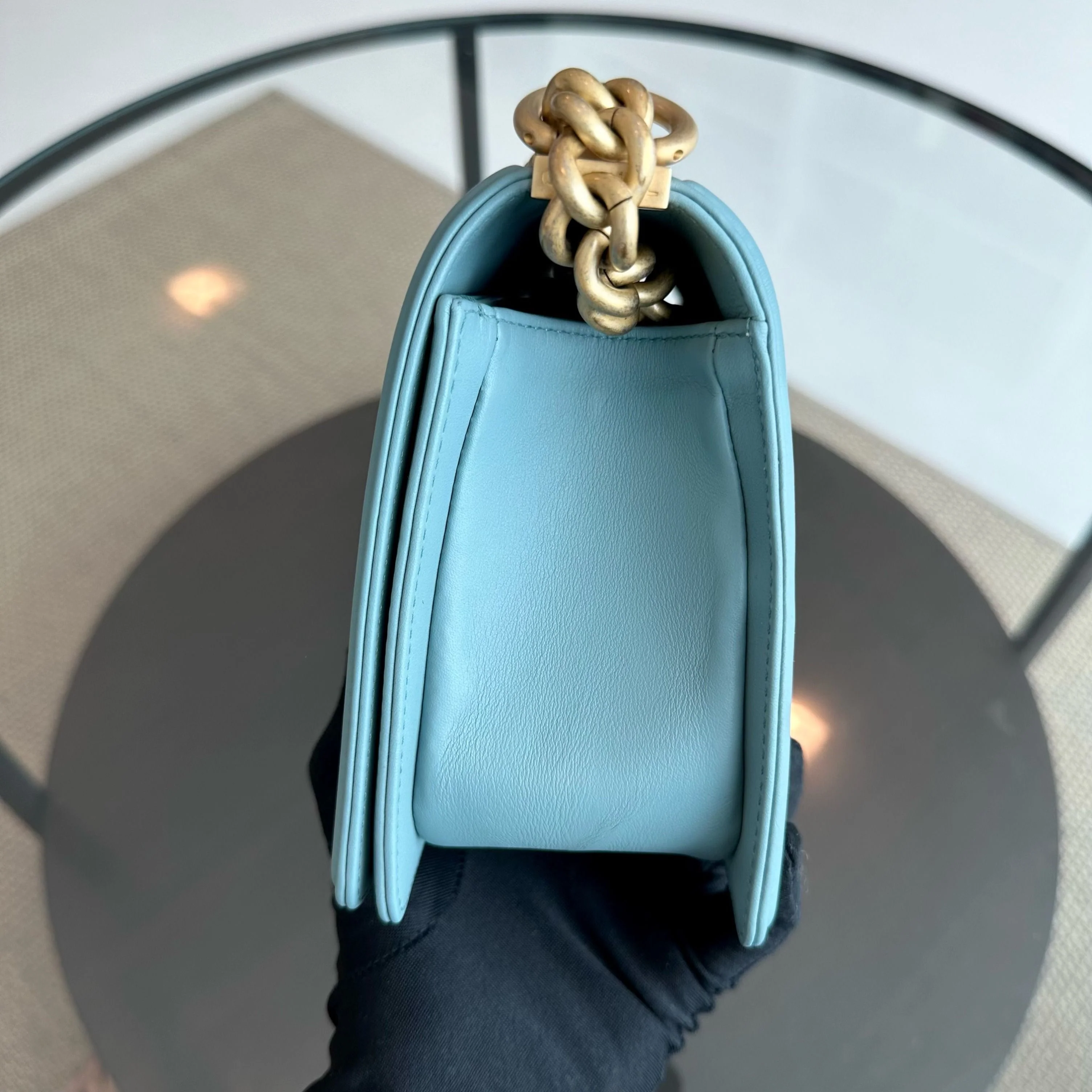 *Calfskin* Chanel Boy Old Medium 25CM Quilted Calfskin Leboy Light Blue GHW No 25 - Best Luxury Designers