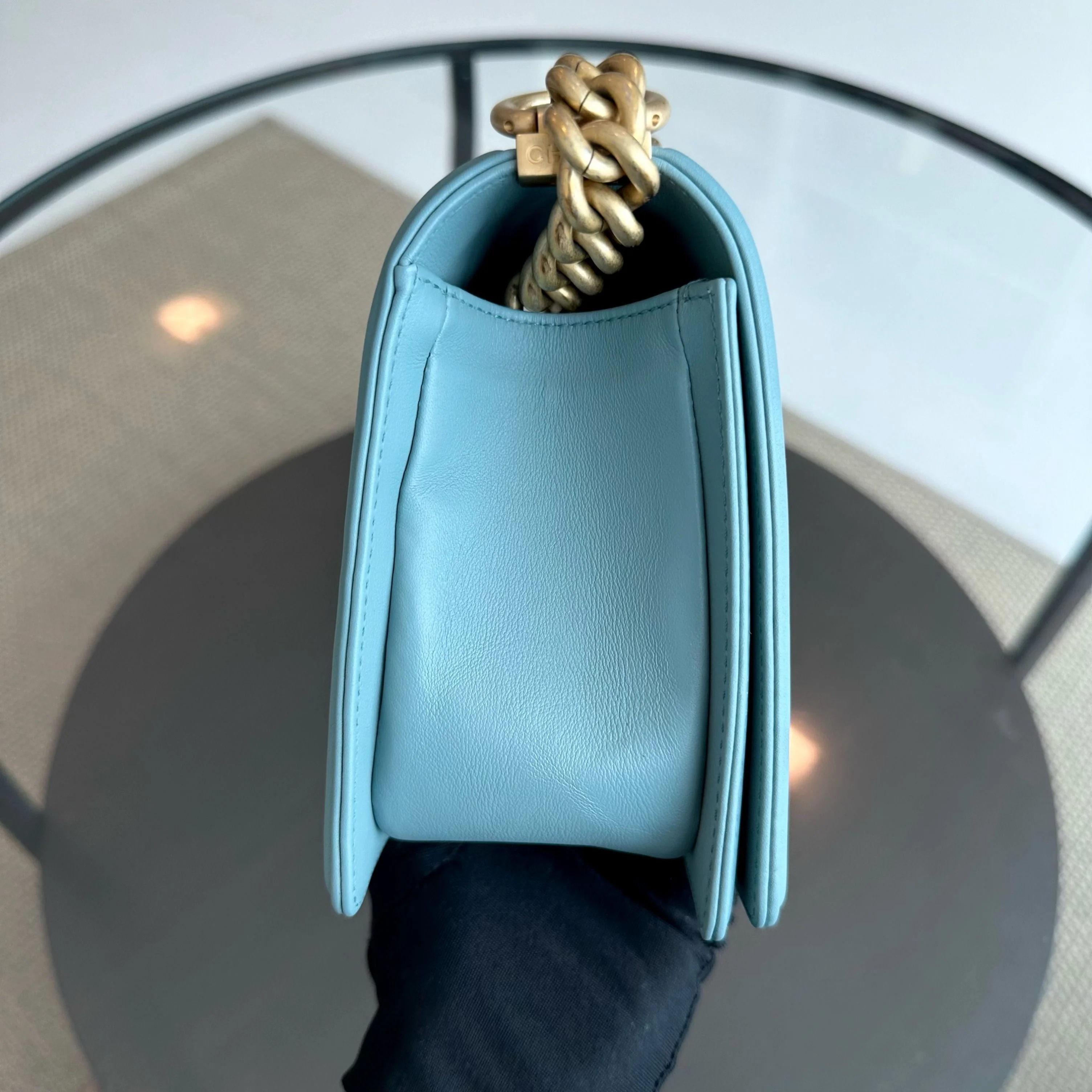 *Calfskin* Chanel Boy Old Medium 25CM Quilted Calfskin Leboy Light Blue GHW No 25 - Best Luxury Designers