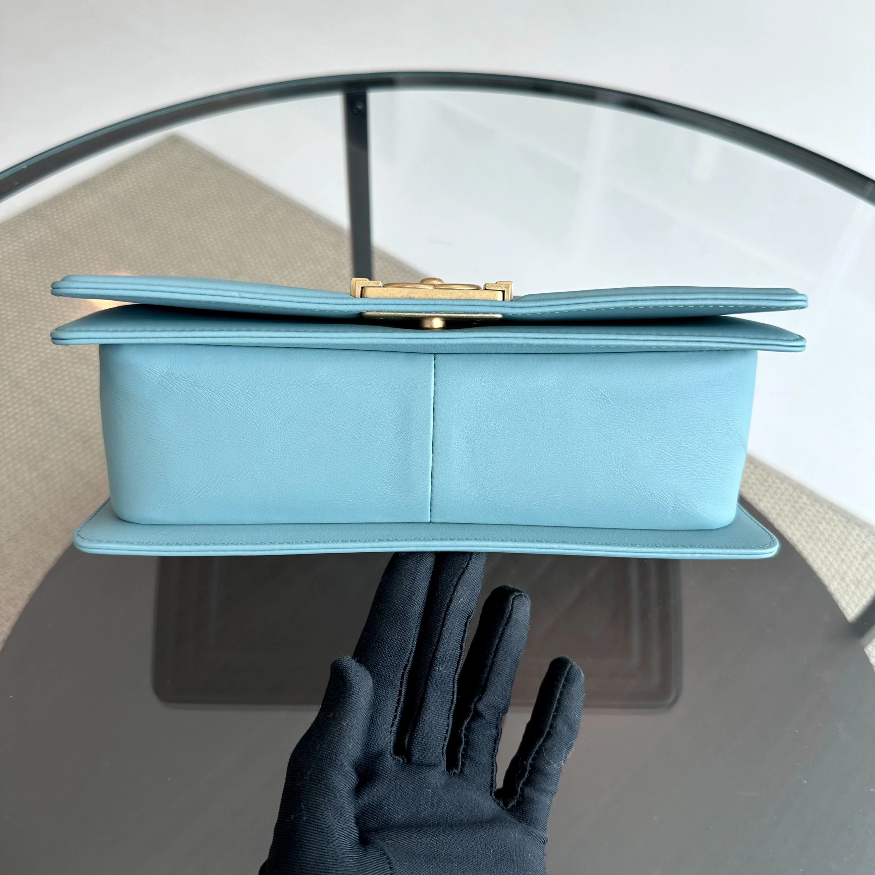 *Calfskin* Chanel Boy Old Medium 25CM Quilted Calfskin Leboy Light Blue GHW No 25 - Best Luxury Designers