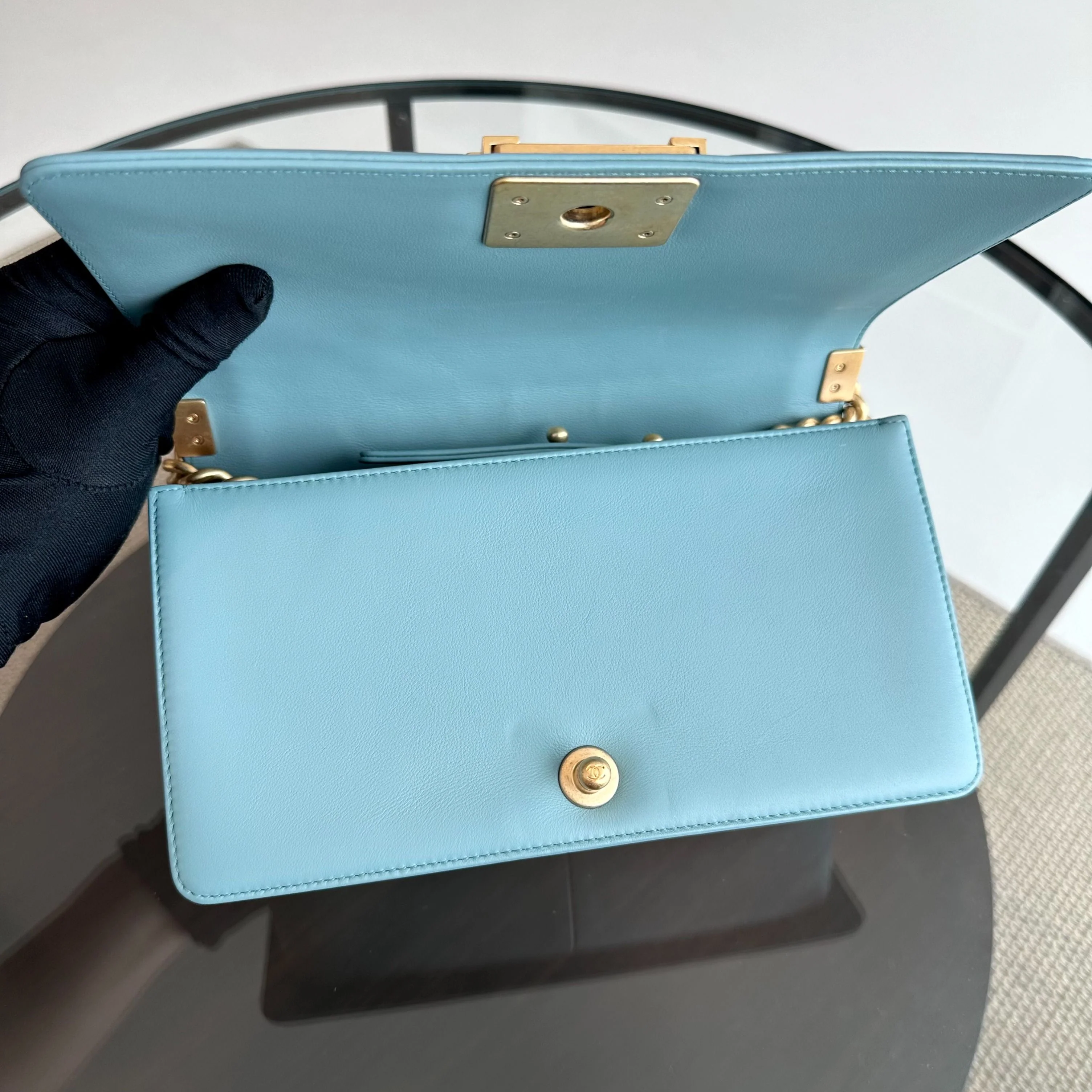 *Calfskin* Chanel Boy Old Medium 25CM Quilted Calfskin Leboy Light Blue GHW No 25 - Best Luxury Designers