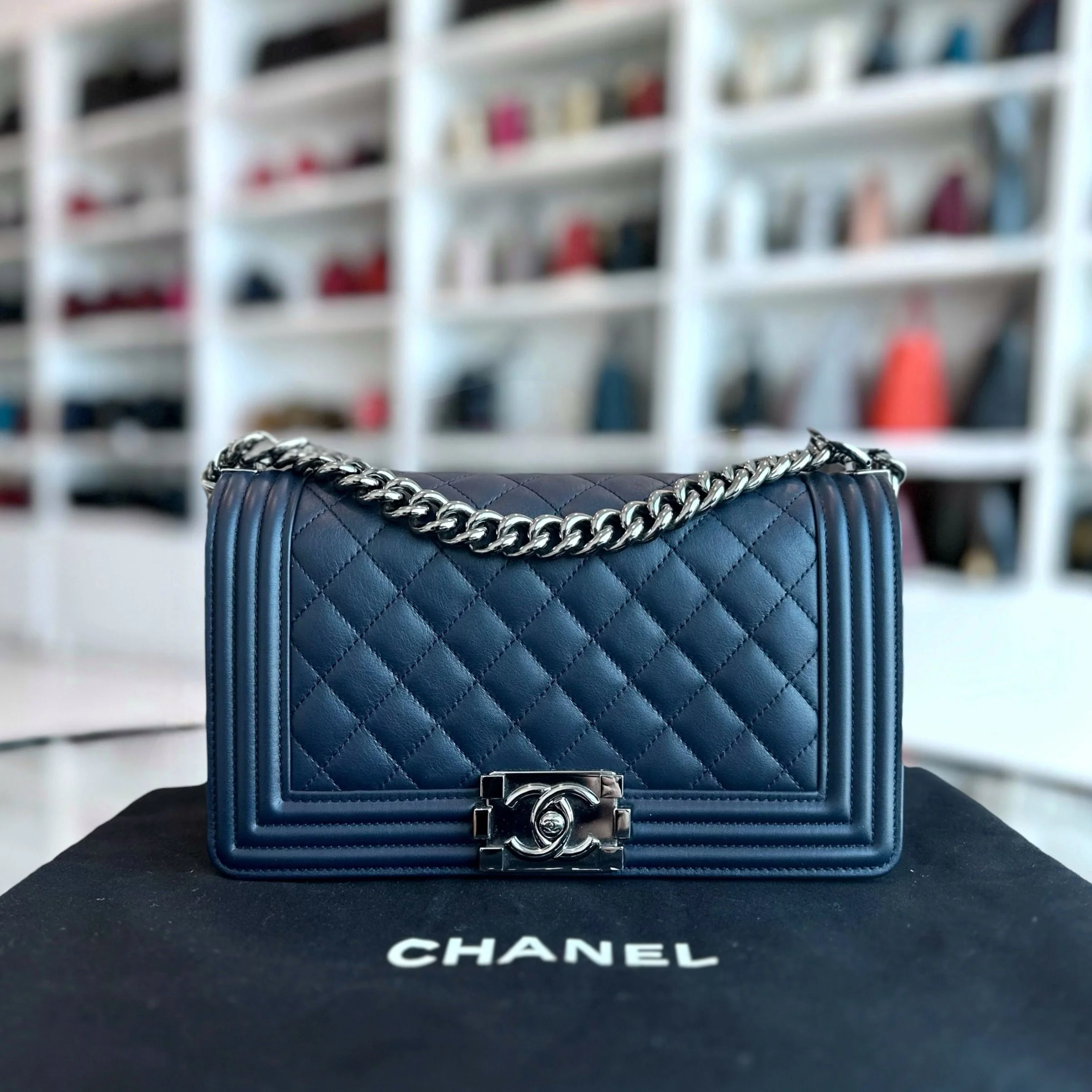 *Calfskin* Chanel Boy Old Medium 25CM Quilted Smooth Calfskin Leboy Dark Blue SHW No 20 - Best Luxury Designers