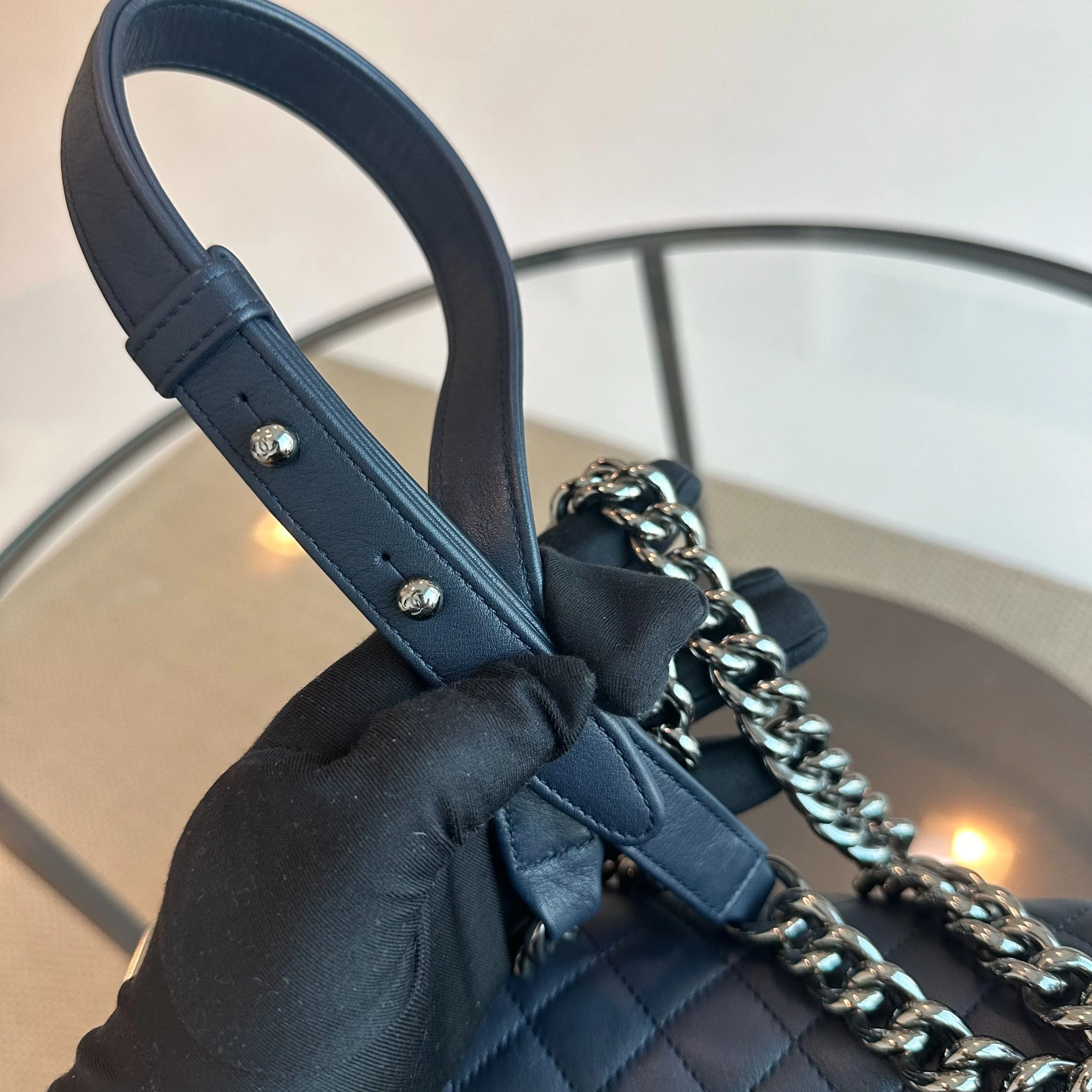 *Calfskin* Chanel Boy Old Medium 25CM Quilted Smooth Calfskin Leboy Dark Blue SHW No 20 - Best Luxury Designers