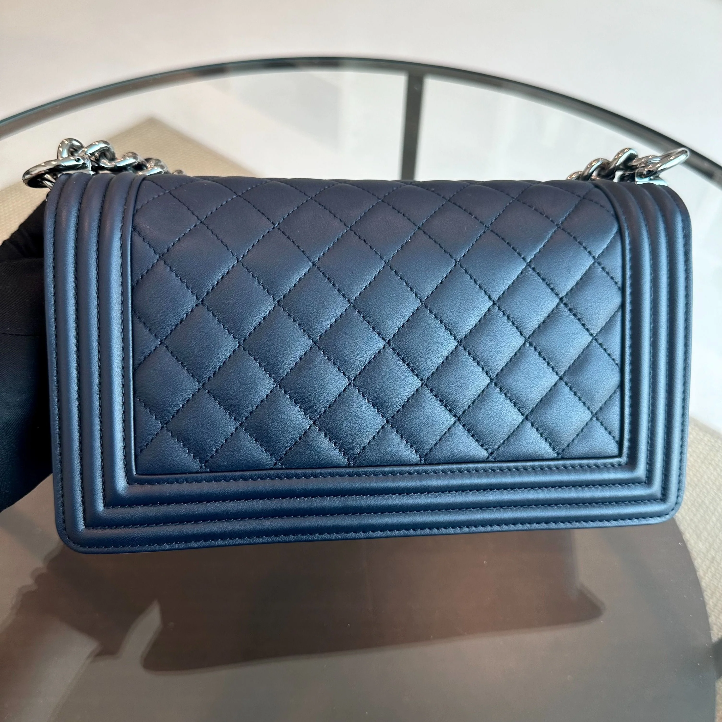 *Calfskin* Chanel Boy Old Medium 25CM Quilted Smooth Calfskin Leboy Dark Blue SHW No 20 - Best Luxury Designers