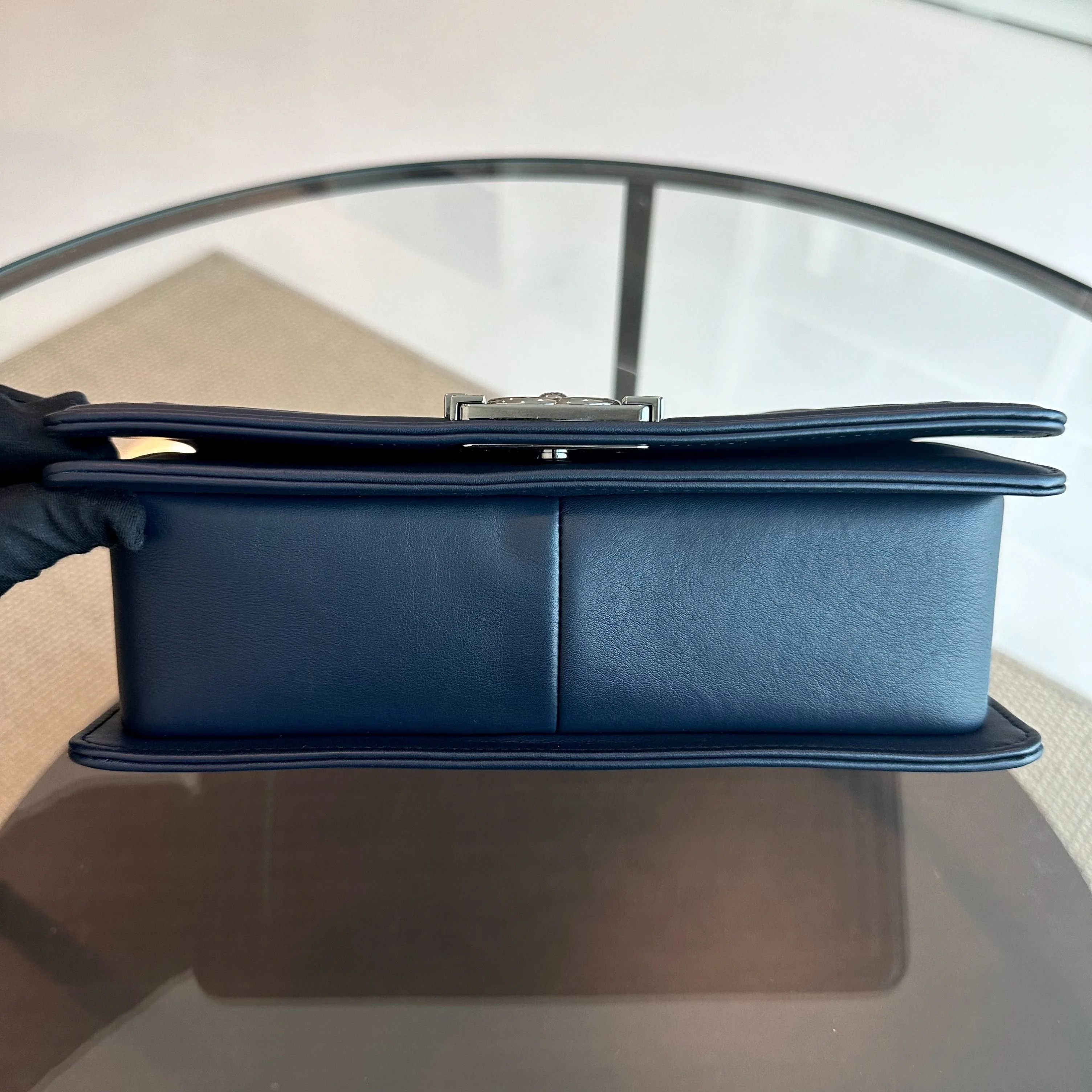 *Calfskin* Chanel Boy Old Medium 25CM Quilted Smooth Calfskin Leboy Dark Blue SHW No 20 - Best Luxury Designers