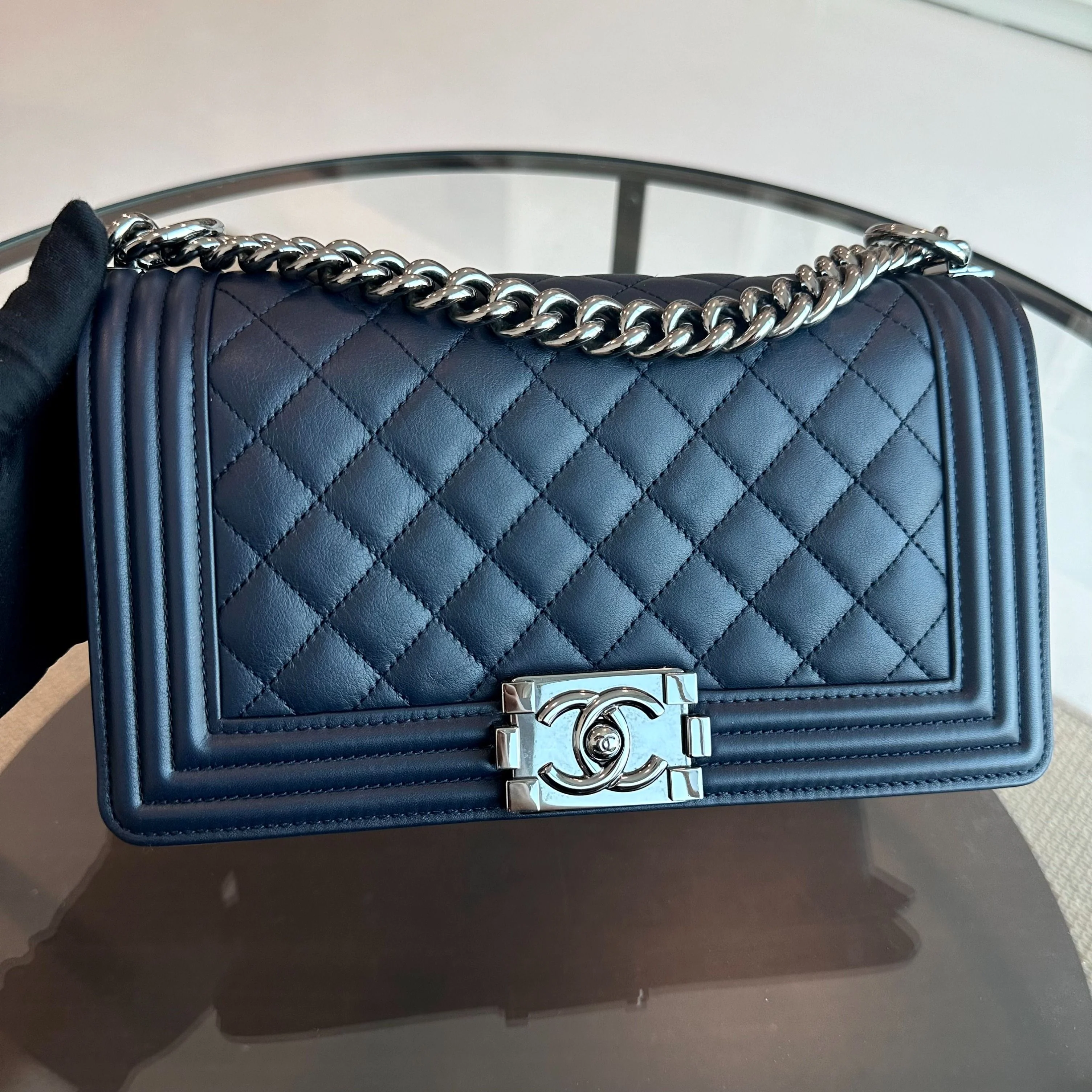 *Calfskin* Chanel Boy Old Medium 25CM Quilted Smooth Calfskin Leboy Dark Blue SHW No 20 - Best Luxury Designers