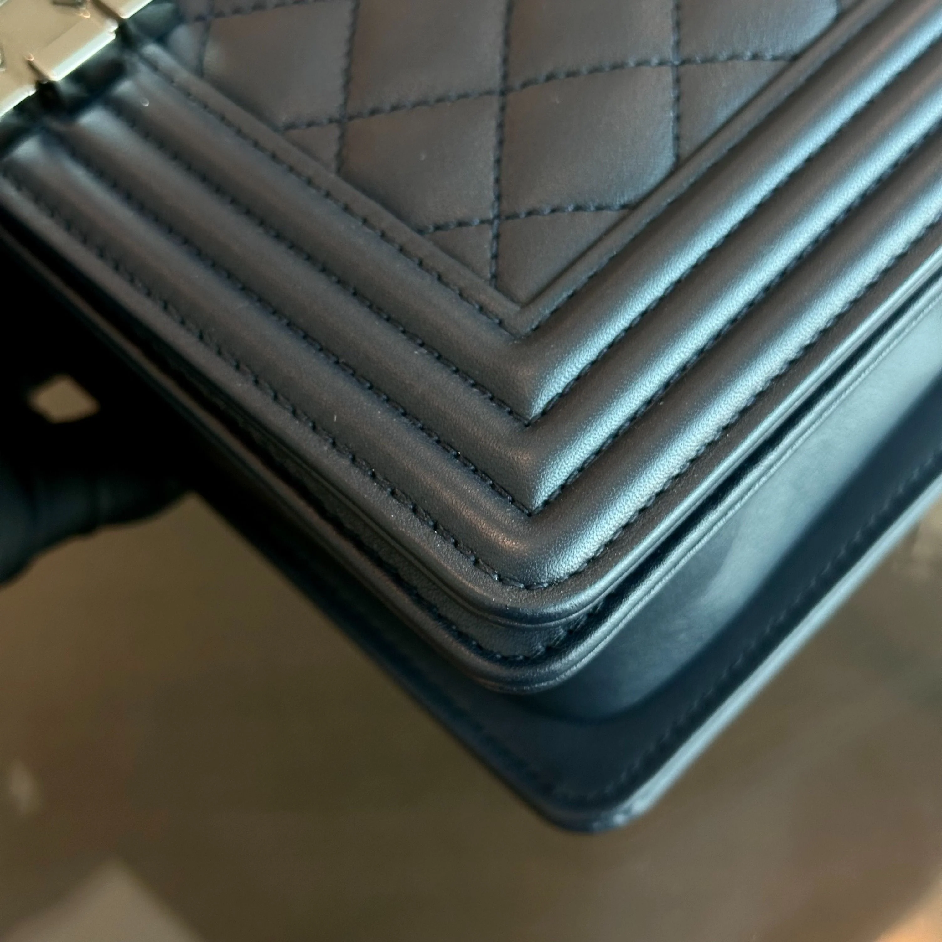 *Calfskin* Chanel Boy Old Medium 25CM Quilted Smooth Calfskin Leboy Dark Blue SHW No 20 - Best Luxury Designers