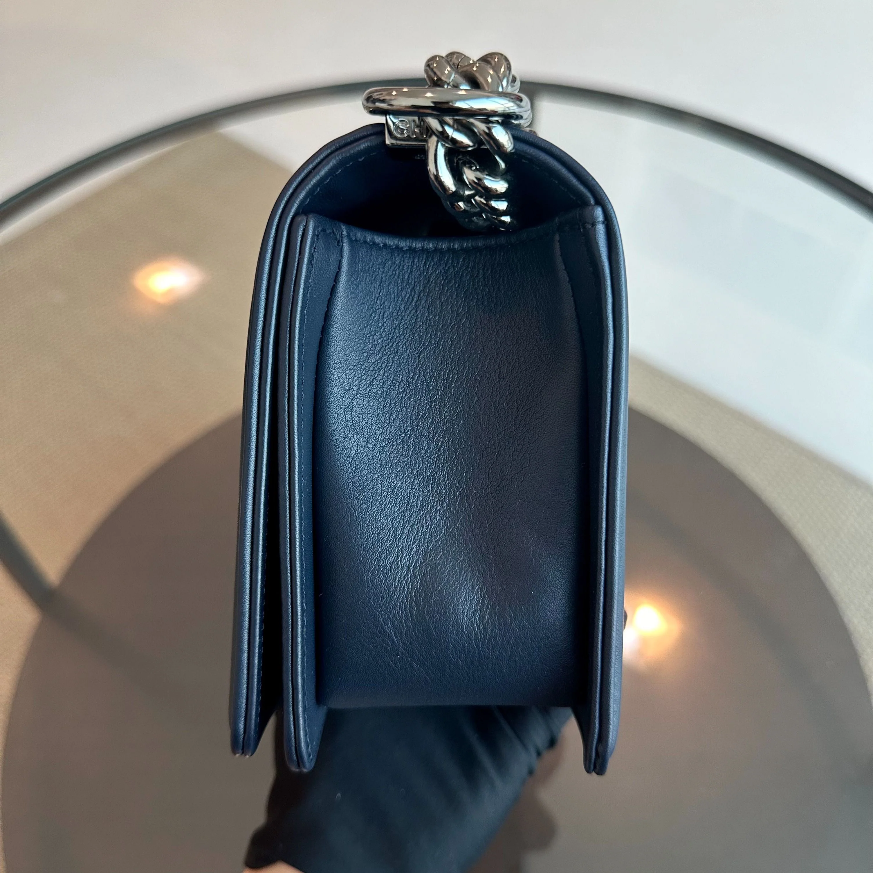 *Calfskin* Chanel Boy Old Medium 25CM Quilted Smooth Calfskin Leboy Dark Blue SHW No 20 - Best Luxury Designers