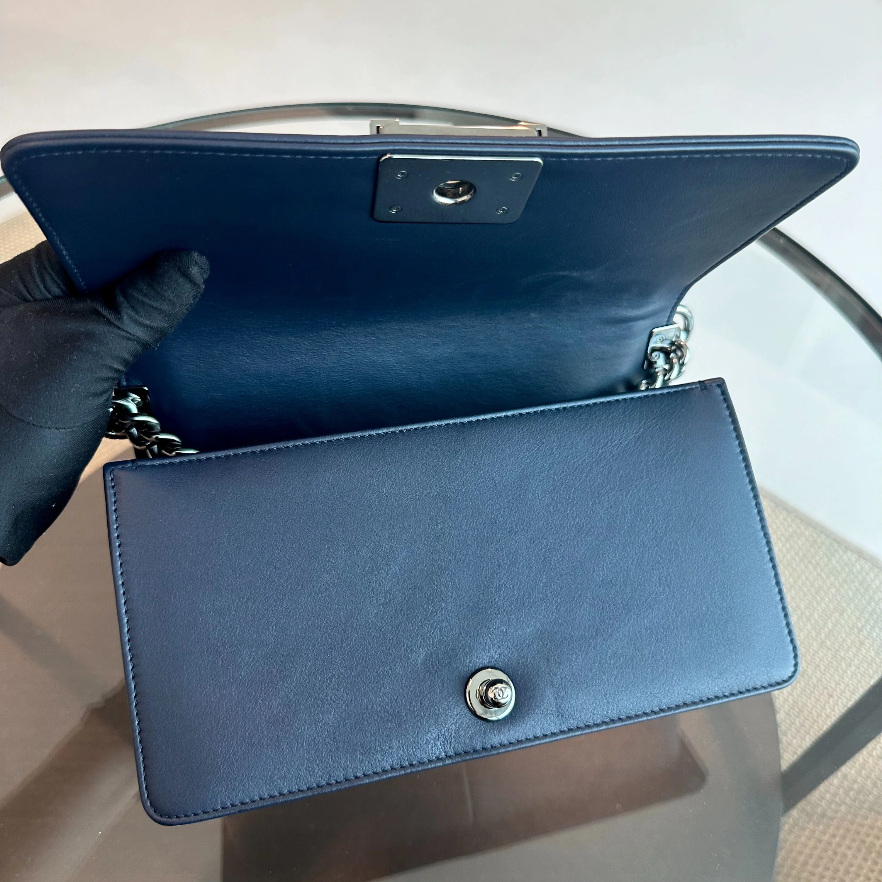 *Calfskin* Chanel Boy Old Medium 25CM Quilted Smooth Calfskin Leboy Dark Blue SHW No 20 - Best Luxury Designers