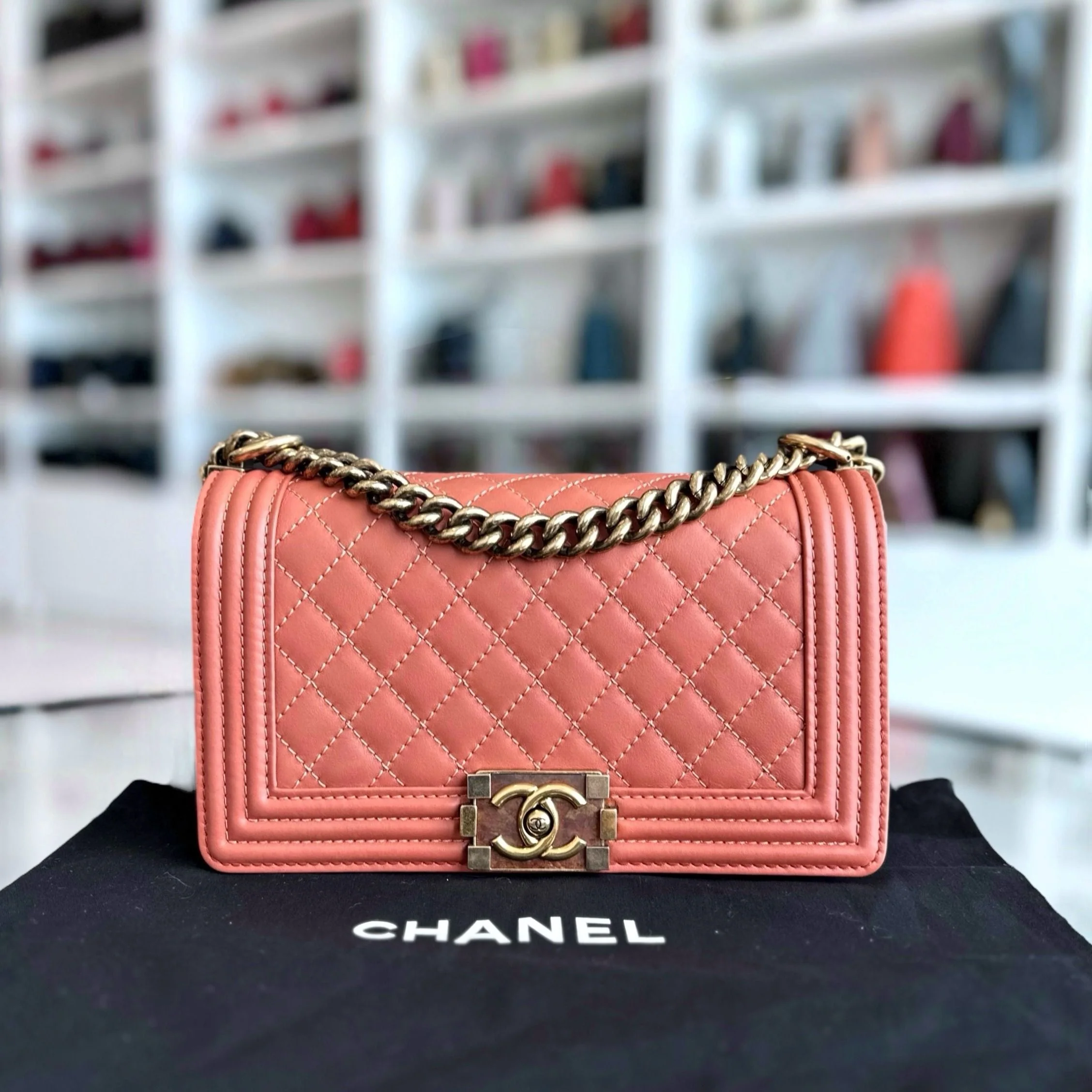 *Calfskin* Chanel Boy Old Medium Quilted Smooth Calfskin Leboy Blush AGHW No 20 - Best Luxury Designers
