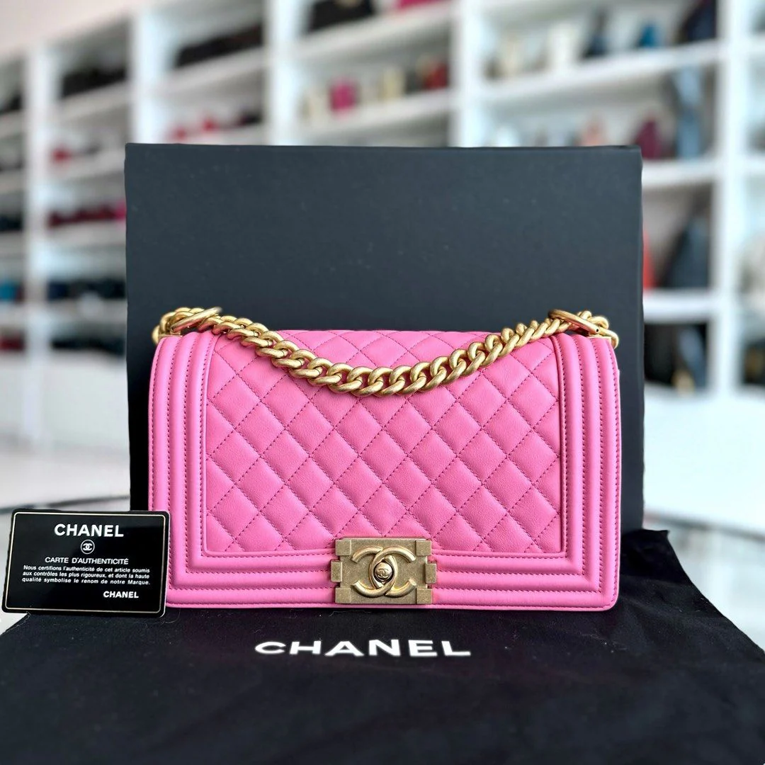 *Calfskin* Chanel Boy Old Medium Quilted Smooth Calfskin Pink AGHW No 26 - Best Luxury Designers