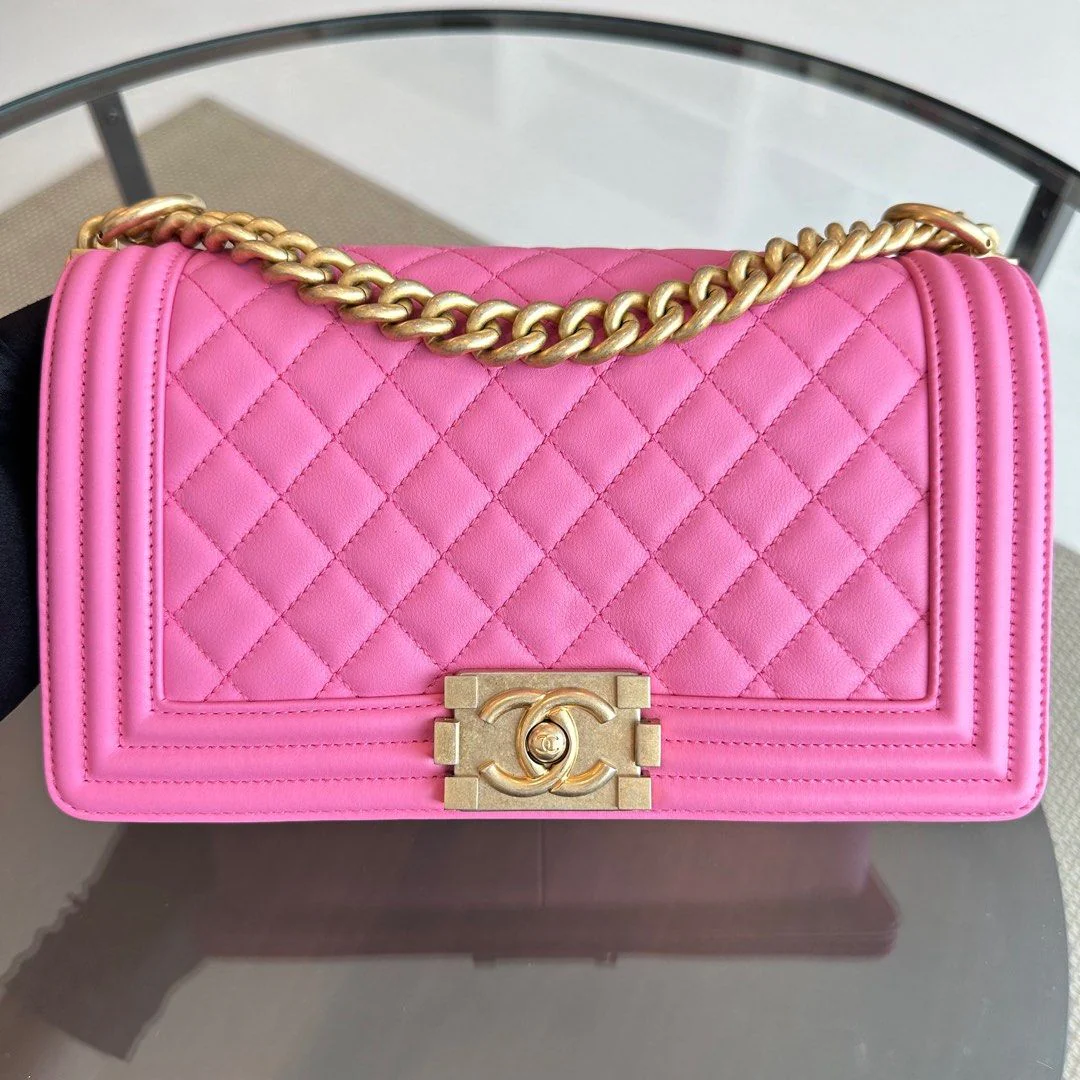 *Calfskin* Chanel Boy Old Medium Quilted Smooth Calfskin Pink AGHW No 26 - Best Luxury Designers