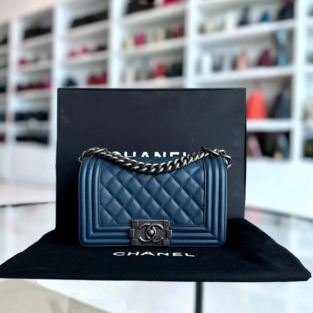 *Calfskin* Chanel Boy Small Quilted Calfskin Dark Blue Leboy Ruthenium Silver Hardware Series 26 - Best Luxury Designers