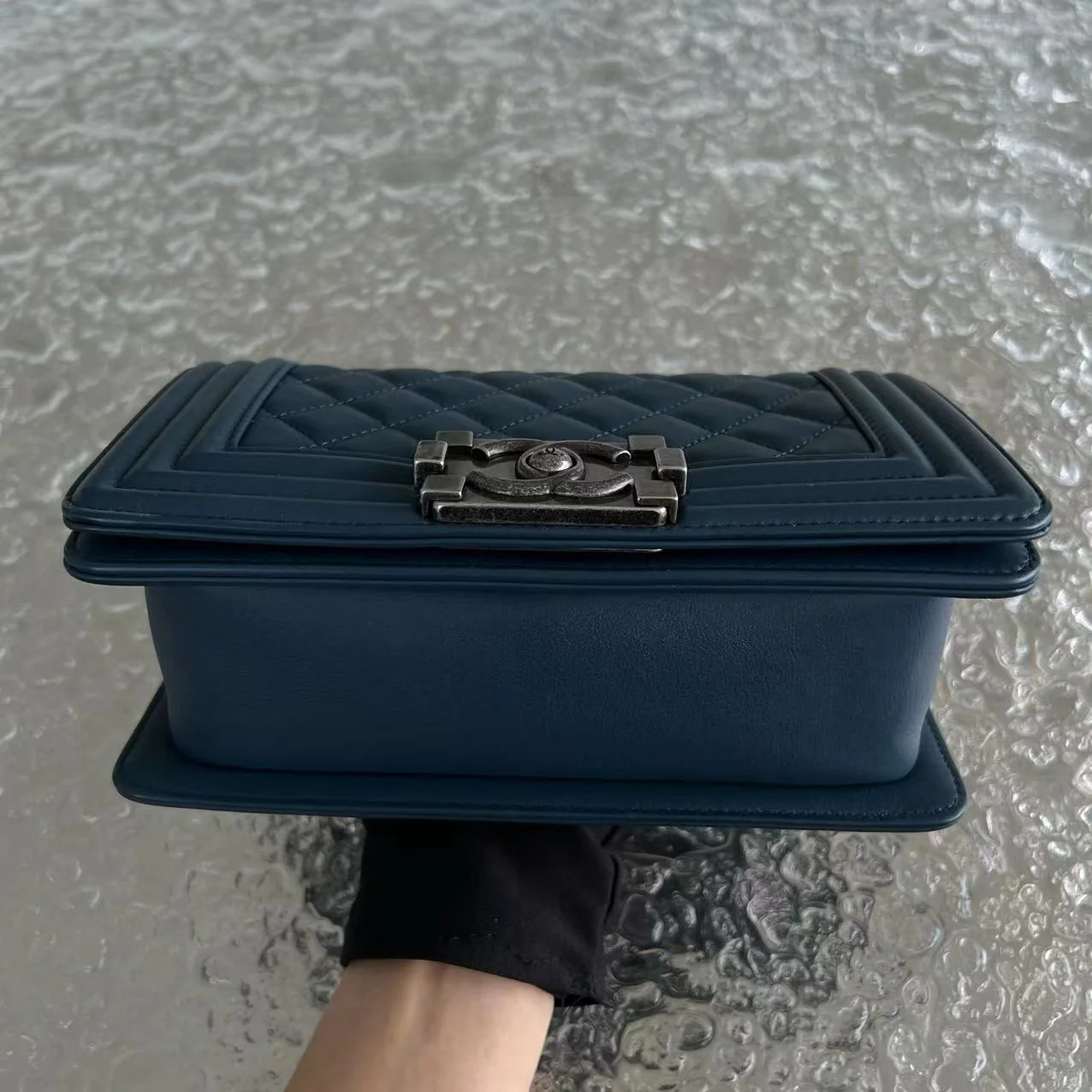 *Calfskin* Chanel Boy Small Quilted Calfskin Dark Blue Leboy Ruthenium Silver Hardware Series 26 - Best Luxury Designers