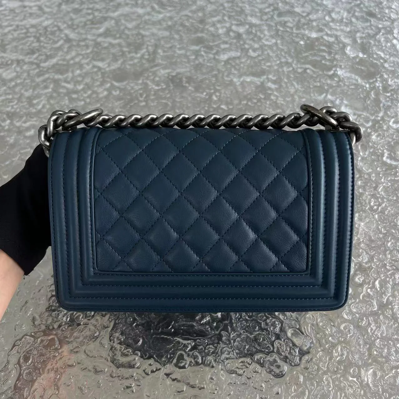 *Calfskin* Chanel Boy Small Quilted Calfskin Dark Blue Leboy Ruthenium Silver Hardware Series 26 - Best Luxury Designers