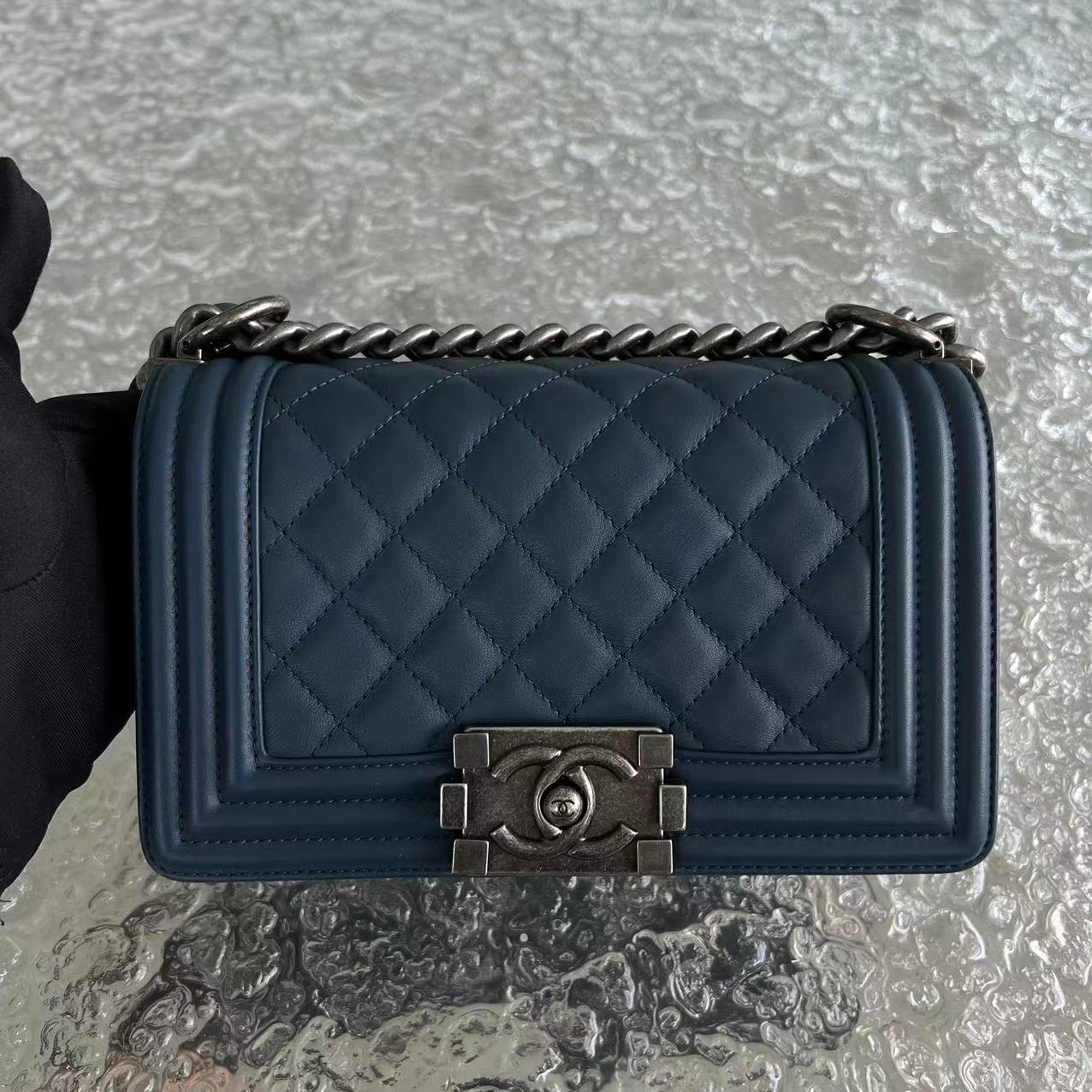 *Calfskin* Chanel Boy Small Quilted Calfskin Dark Blue Leboy Ruthenium Silver Hardware Series 26 - Best Luxury Designers
