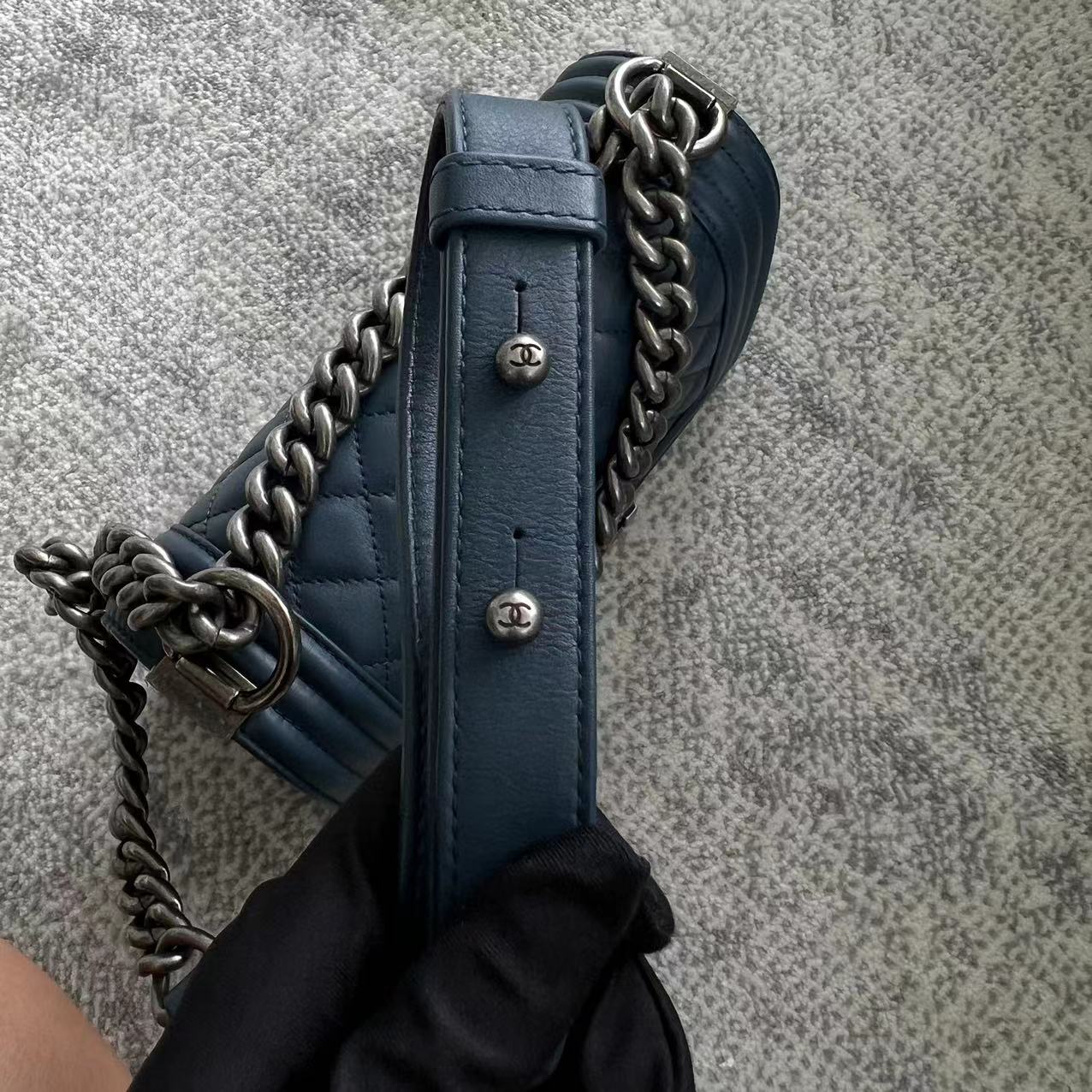 *Calfskin* Chanel Boy Small Quilted Calfskin Dark Blue Leboy Ruthenium Silver Hardware Series 26 - Best Luxury Designers