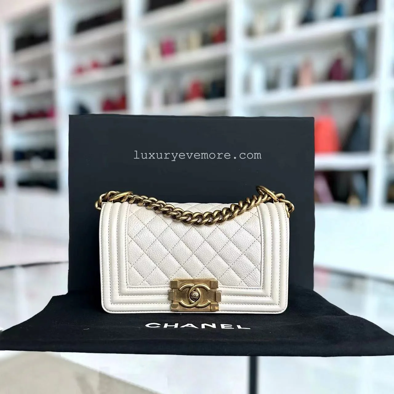 *Calfskin* Chanel Boy Small Quilted Grained Calfskin Cream White Leboy Golden Hardware Series 20 - Best Luxury Designers