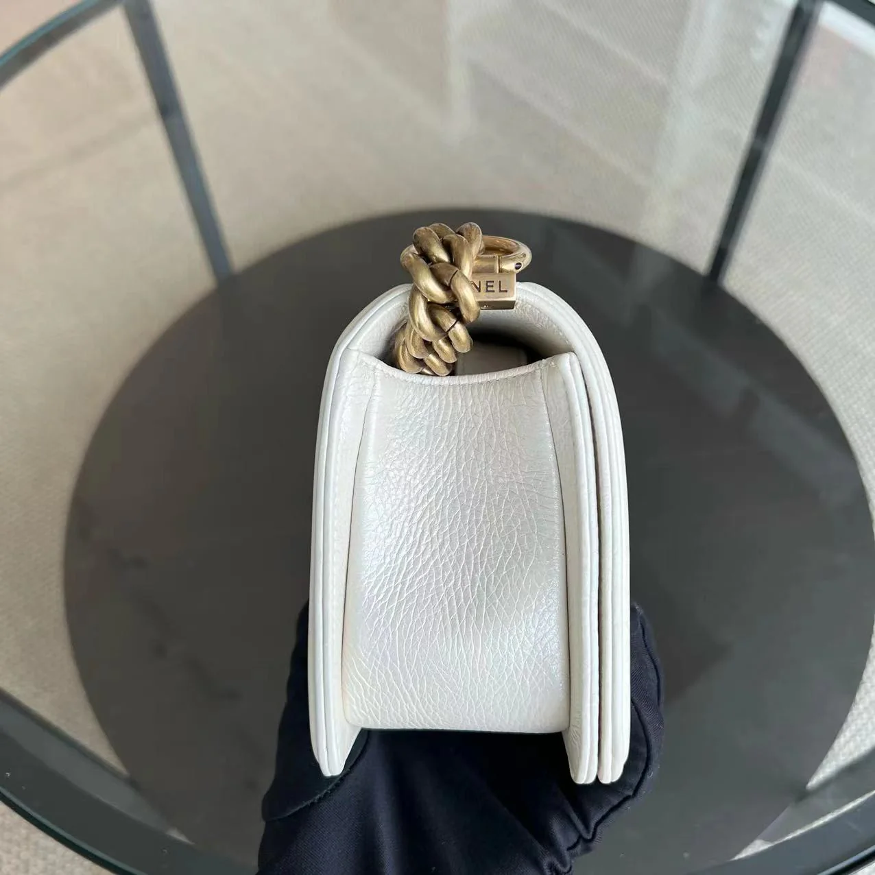 *Calfskin* Chanel Boy Small Quilted Grained Calfskin Cream White Leboy Golden Hardware Series 20 - Best Luxury Designers