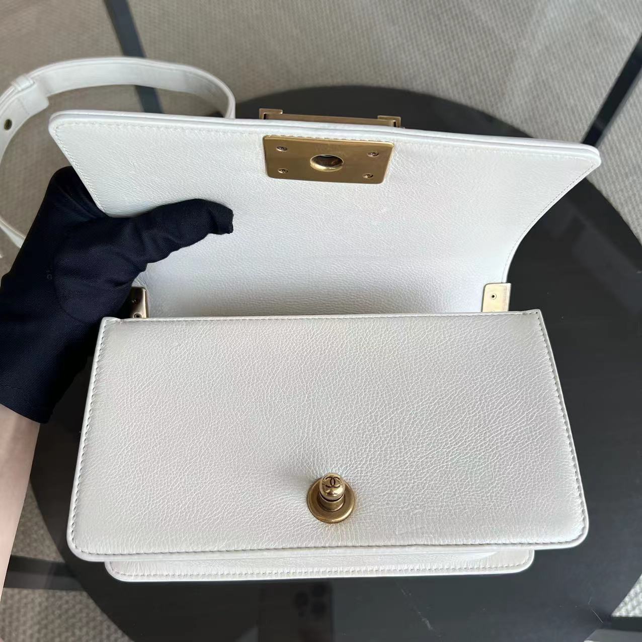 *Calfskin* Chanel Boy Small Quilted Grained Calfskin Cream White Leboy Golden Hardware Series 20 - Best Luxury Designers