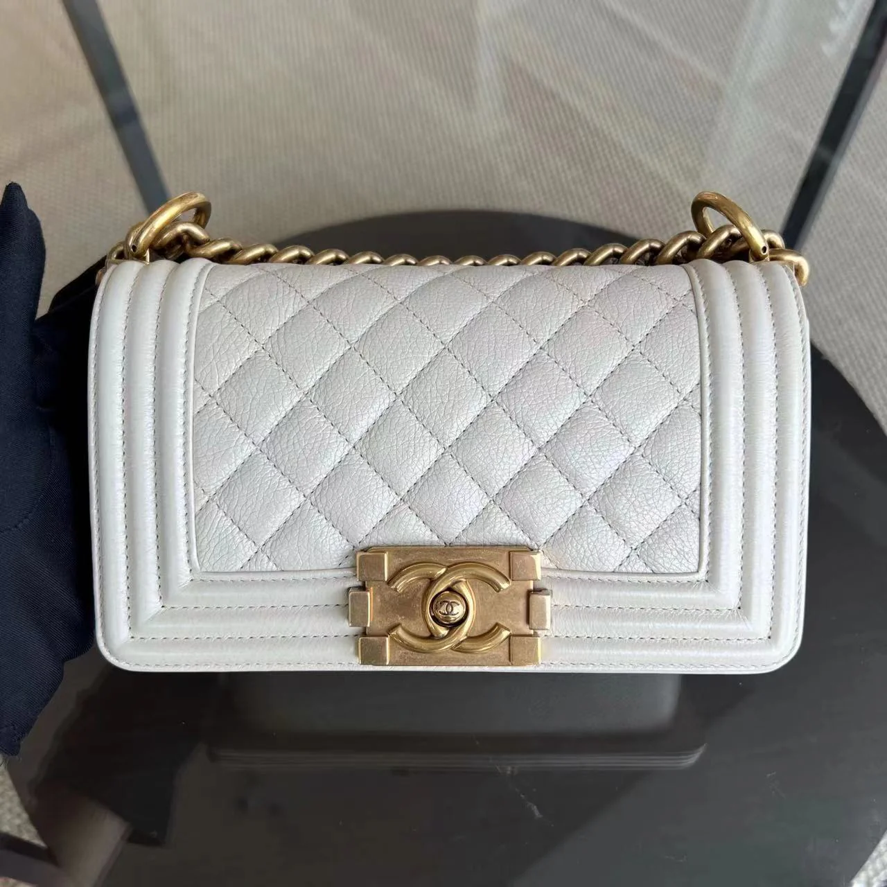 *Calfskin* Chanel Boy Small Quilted Grained Calfskin Cream White Leboy Golden Hardware Series 20 - Best Luxury Designers