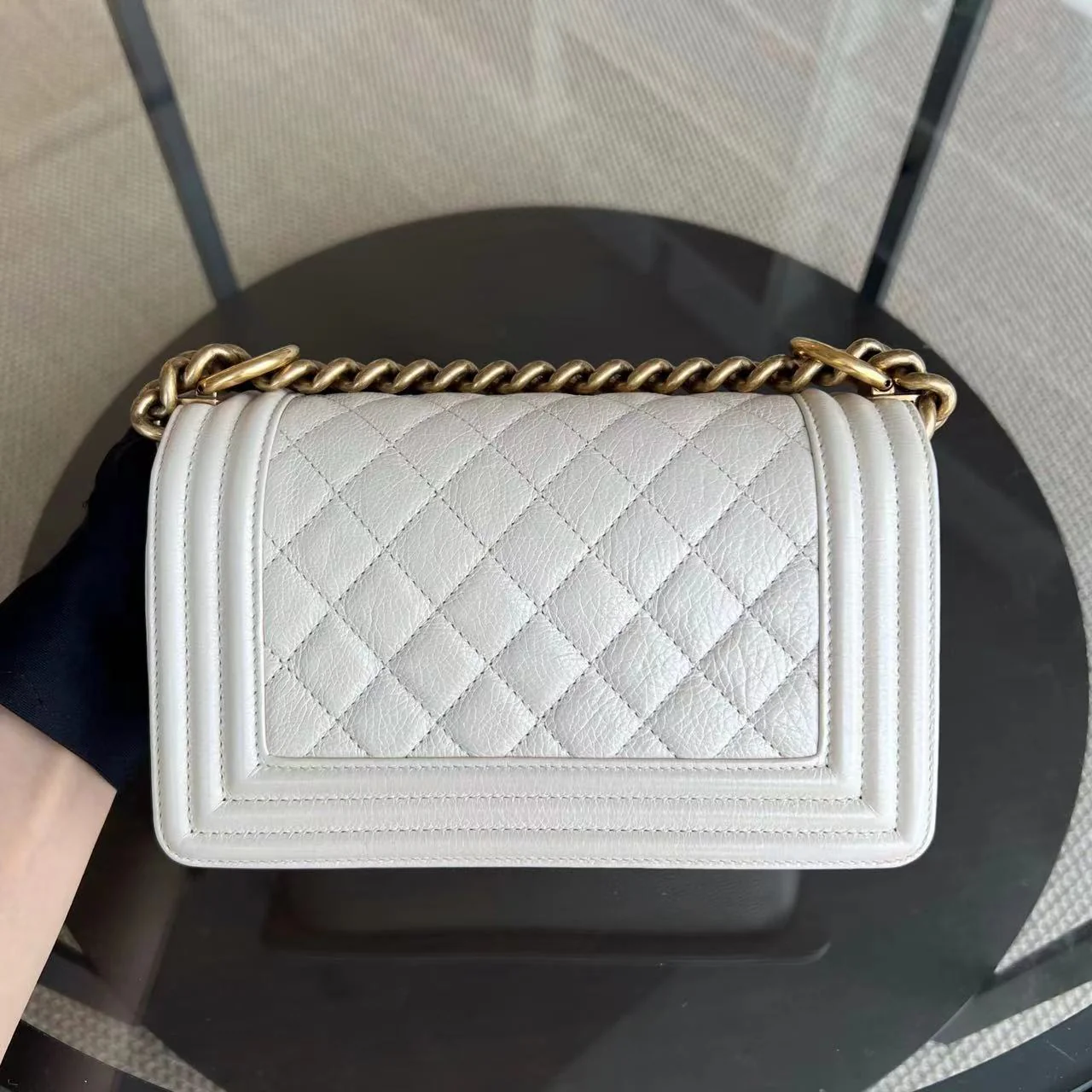 *Calfskin* Chanel Boy Small Quilted Grained Calfskin Cream White Leboy Golden Hardware Series 20 - Best Luxury Designers