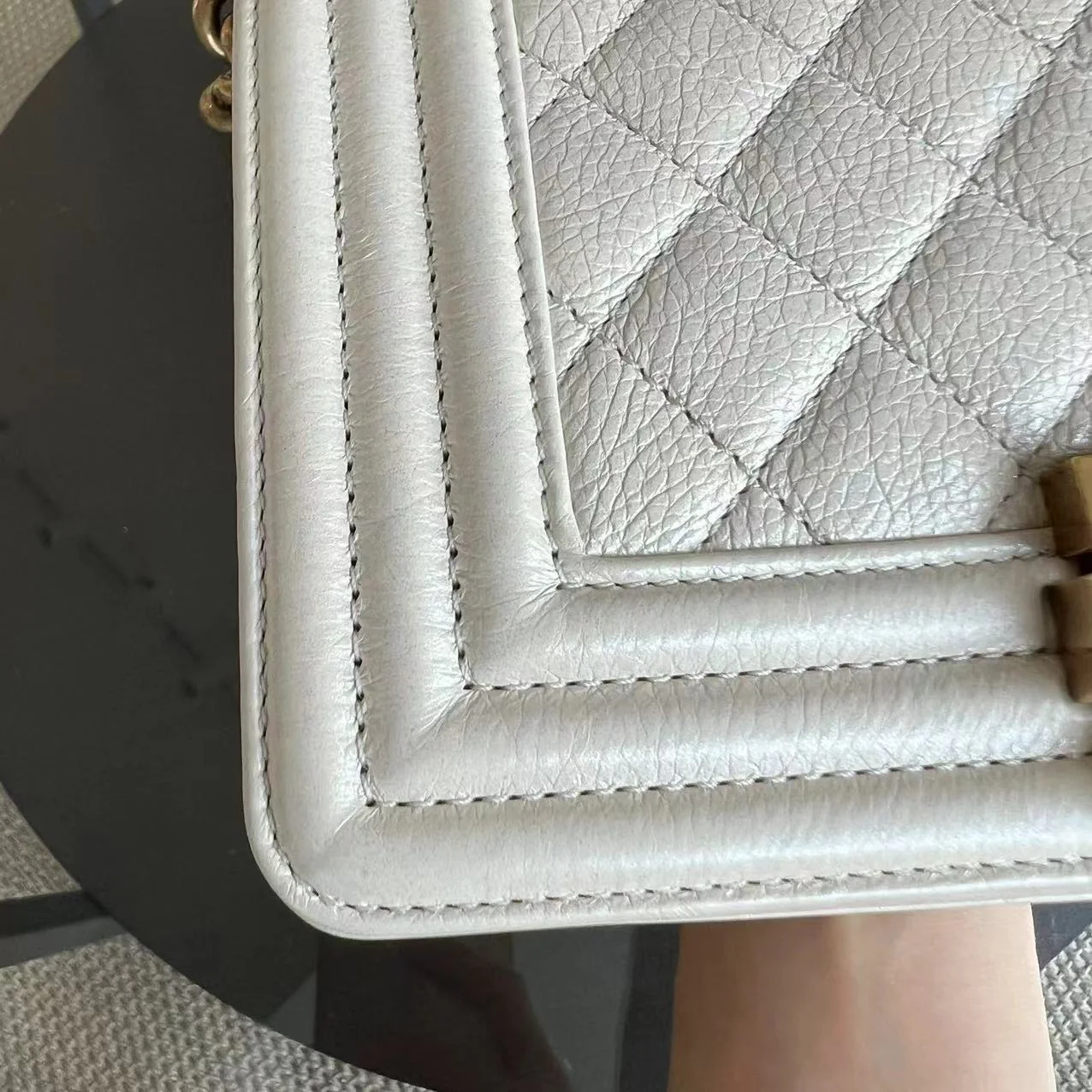 *Calfskin* Chanel Boy Small Quilted Grained Calfskin Cream White Leboy Golden Hardware Series 20 - Best Luxury Designers