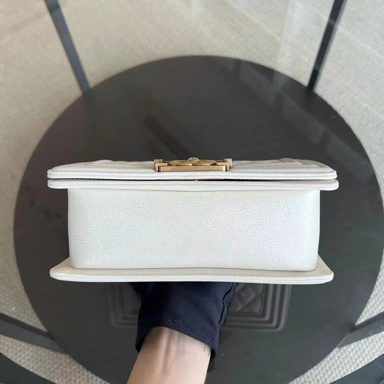 *Calfskin* Chanel Boy Small Quilted Grained Calfskin Cream White Leboy Golden Hardware Series 20 - Best Luxury Designers