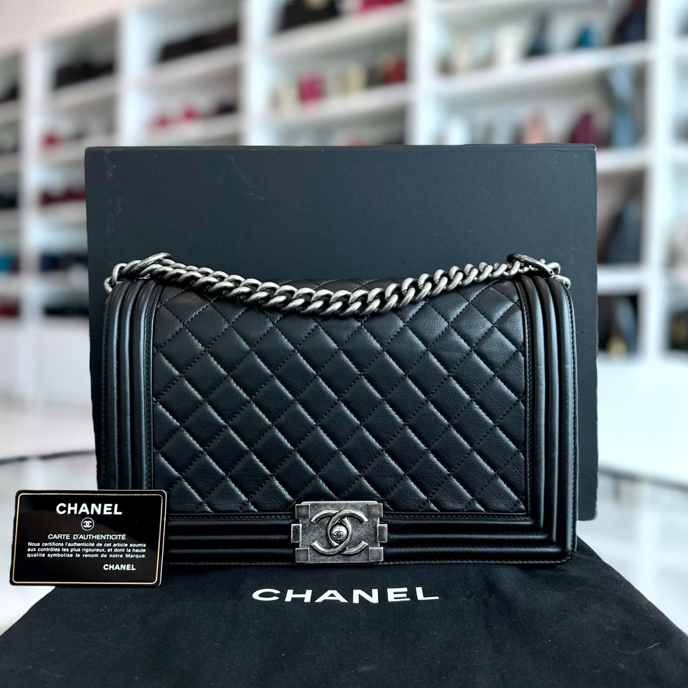 *Calfskin* Chanel Calfskin Boy New Medium 28CM Quilted Black Leboy RSHW No 19 - Best Luxury Designers