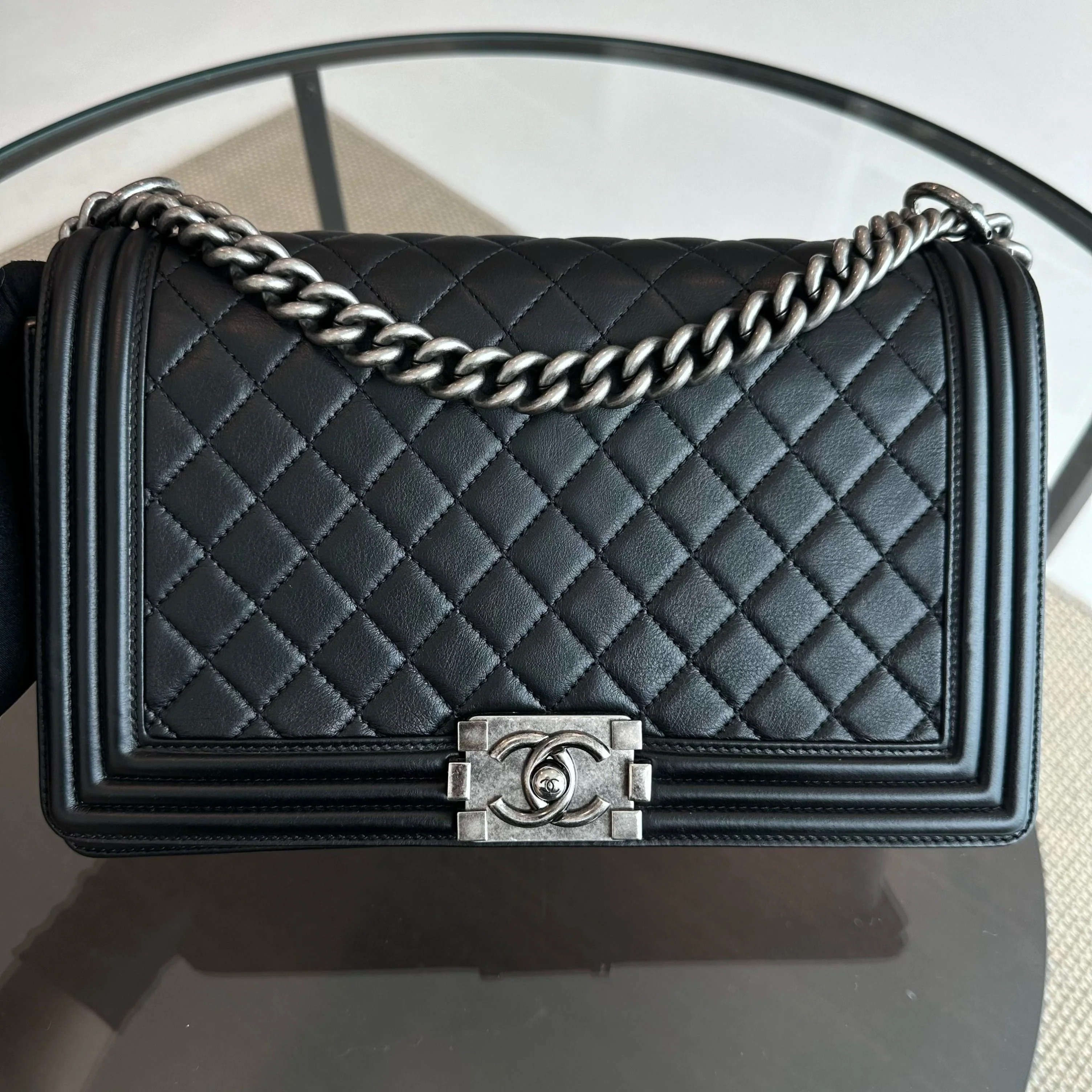 *Calfskin* Chanel Calfskin Boy New Medium 28CM Quilted Black Leboy RSHW No 19 - Best Luxury Designers