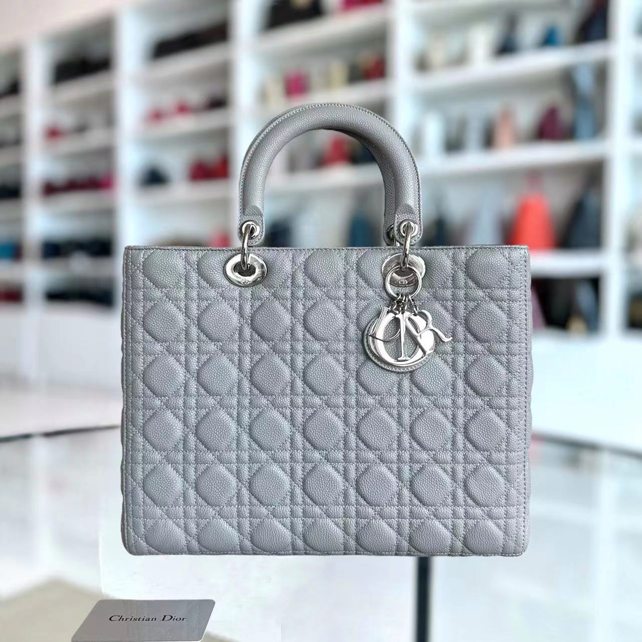 *Caviar* Dior Lady Large Cannage Caviar Grained Calfskin Grey Gray SHW NO STRAP - Best Luxury Designers