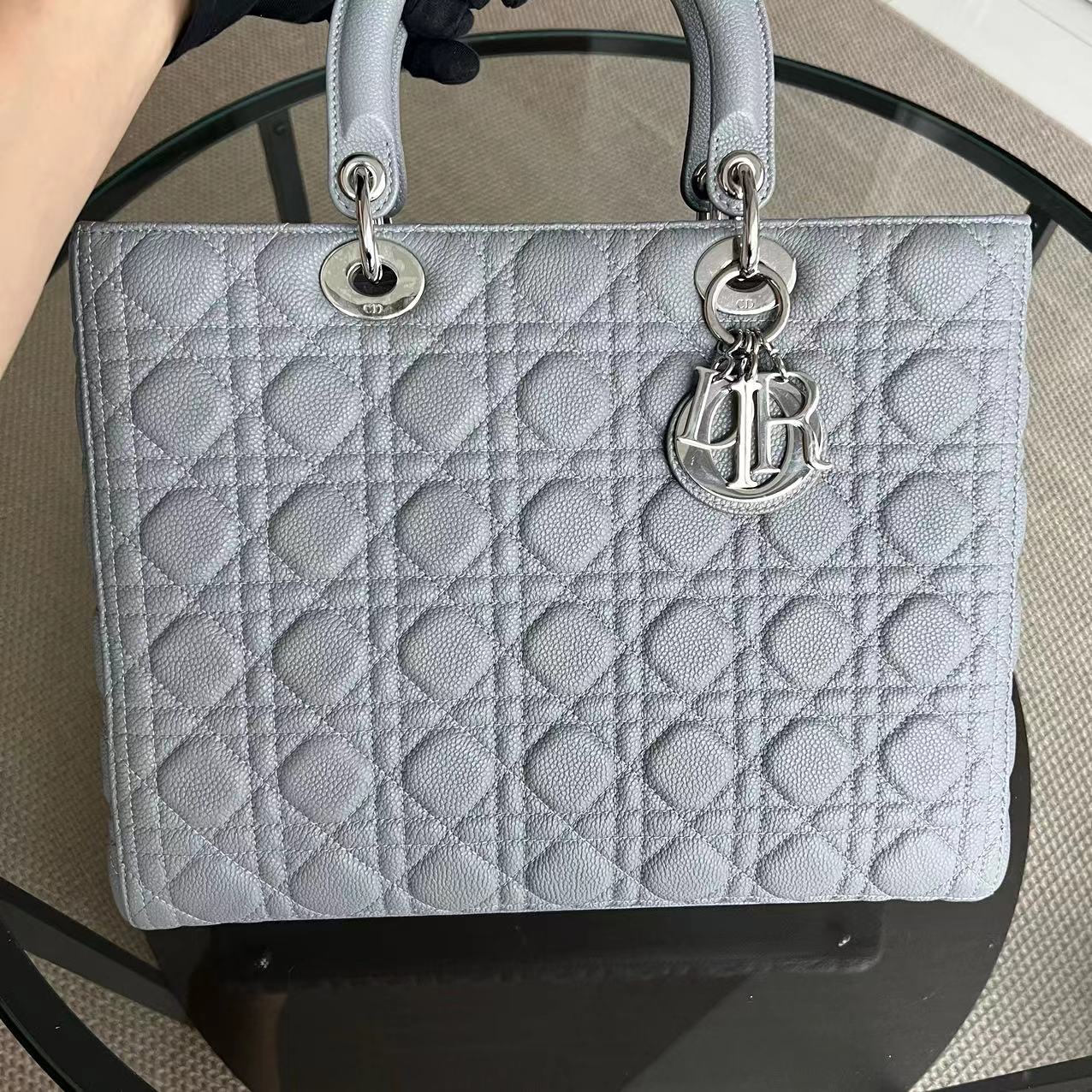 *Caviar* Dior Lady Large Cannage Caviar Grained Calfskin Grey Gray SHW NO STRAP - Best Luxury Designers