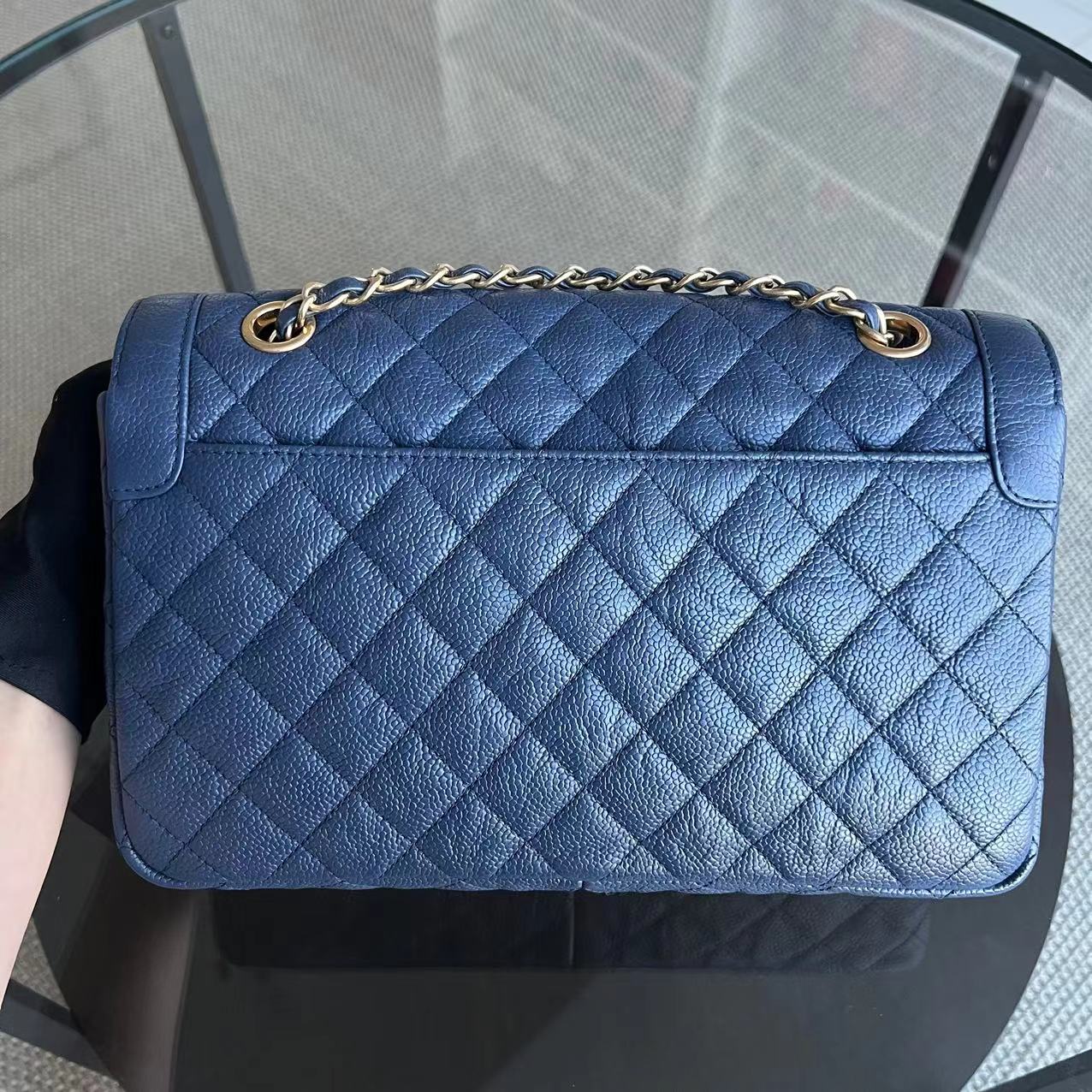 Crumpled Two Tone Flap Grained Calfskin Navy Blue Golden Hardware Series 21