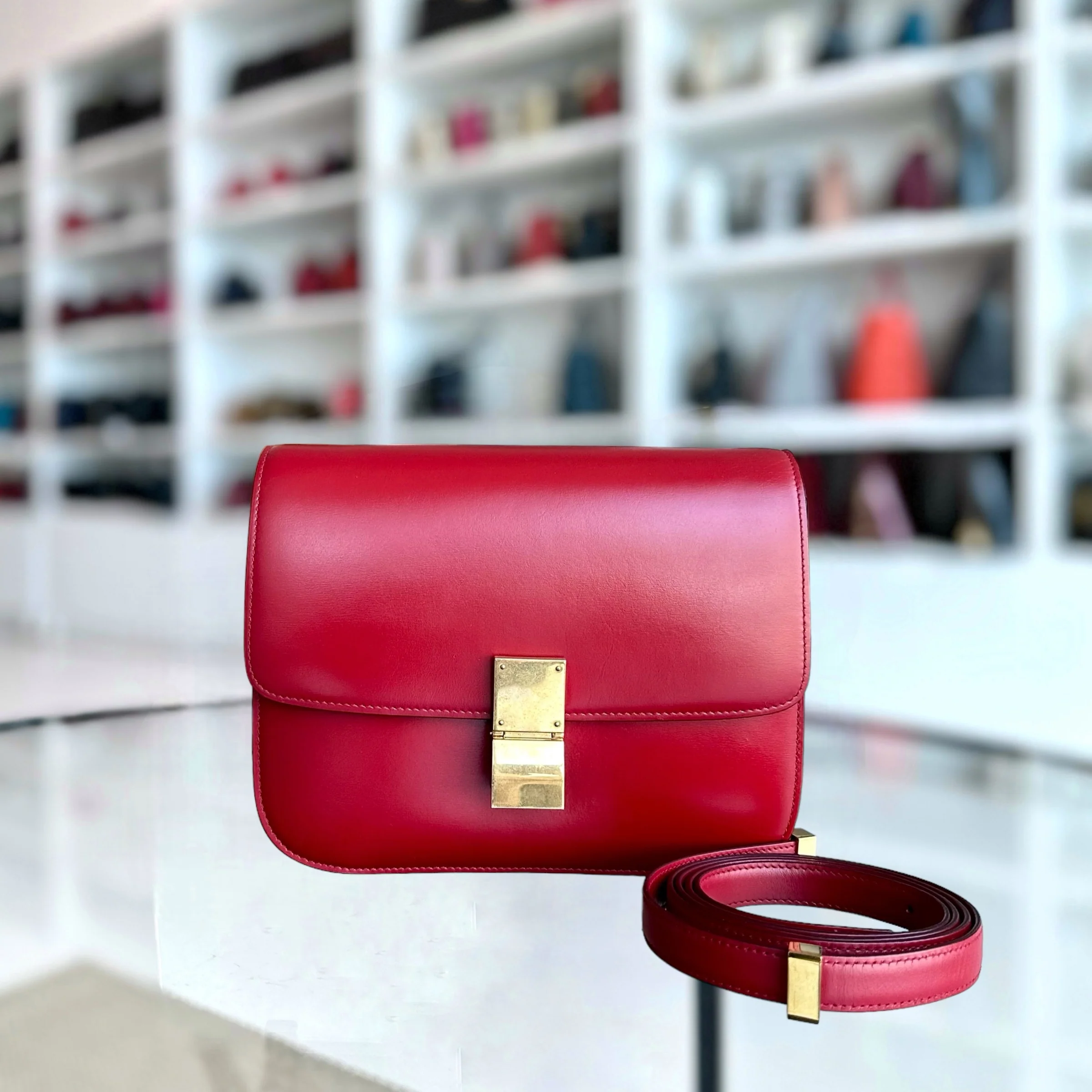 Celine Box Classic Smooth Calfskin Red Golden Hardware - Best Luxury Designers