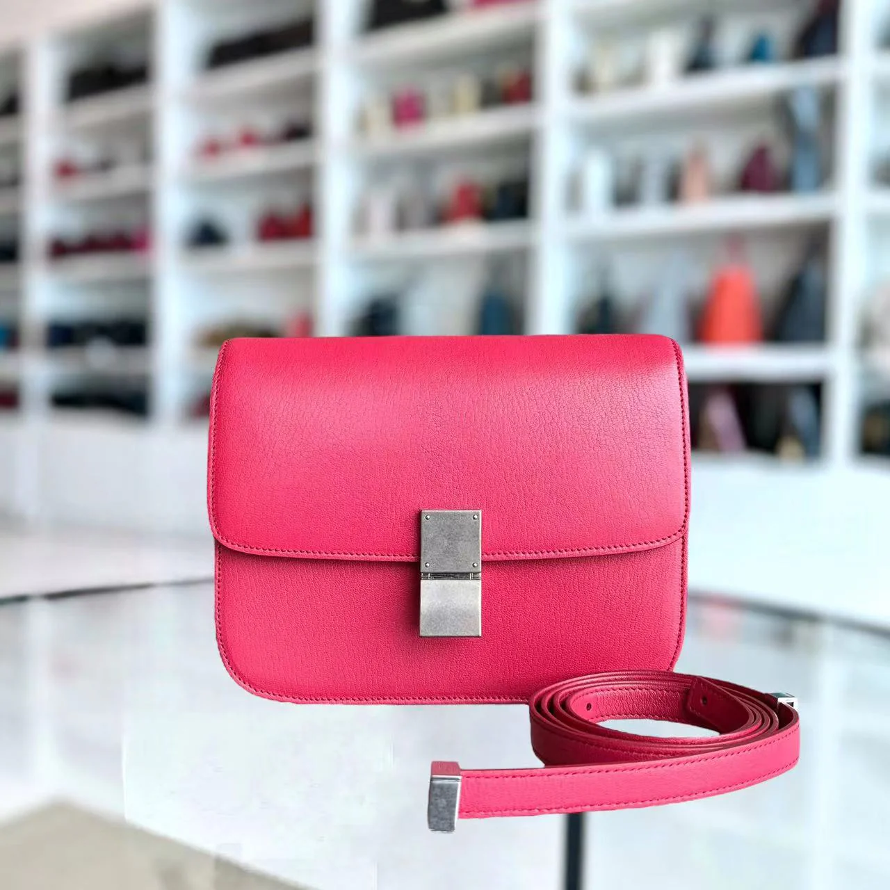 Celine Box Medium Grained Calfskin Hot Pink Silver Hardware - Best Luxury Designers