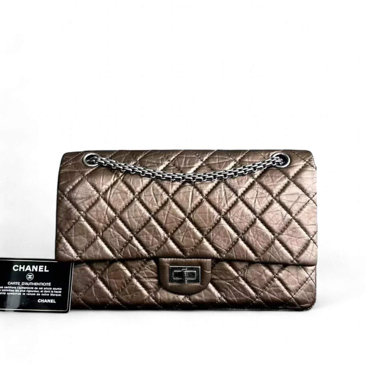 Chanel 2.55 226 Medium 28CM Quilted Calfskin Metallic Brown Bronze Silver Hardware Series 12
