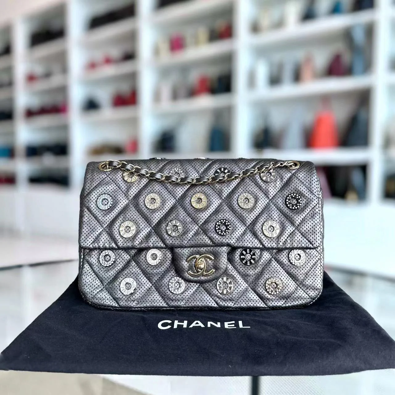Chanel 2015 Cruise Paris-Dubai Seasonal Flap Perforated Metallic Grey Golden Hardware Series 20 - Best Luxury Designers
