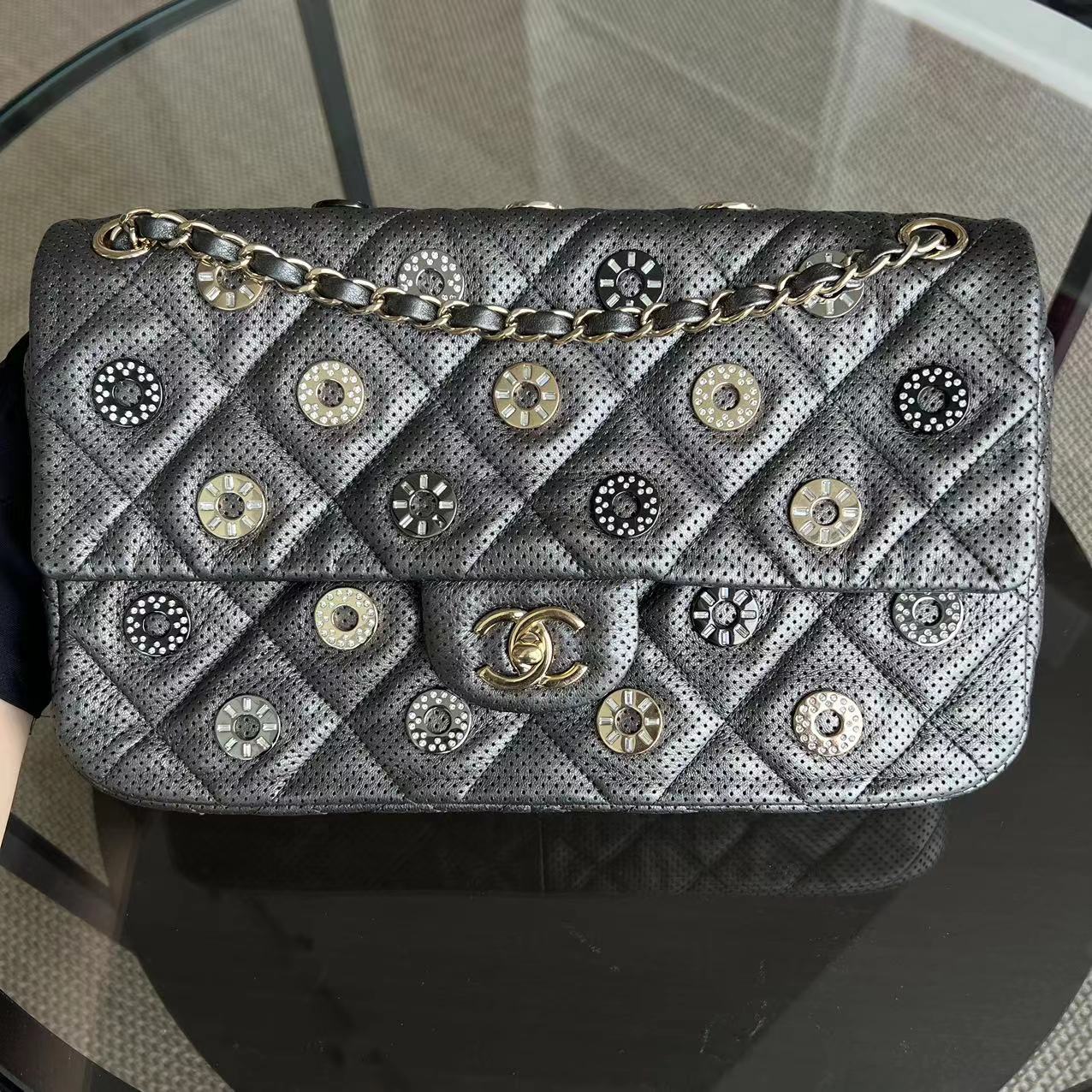 Chanel 2015 Cruise Paris-Dubai Seasonal Flap Perforated Metallic Grey Golden Hardware Series 20 - Best Luxury Designers