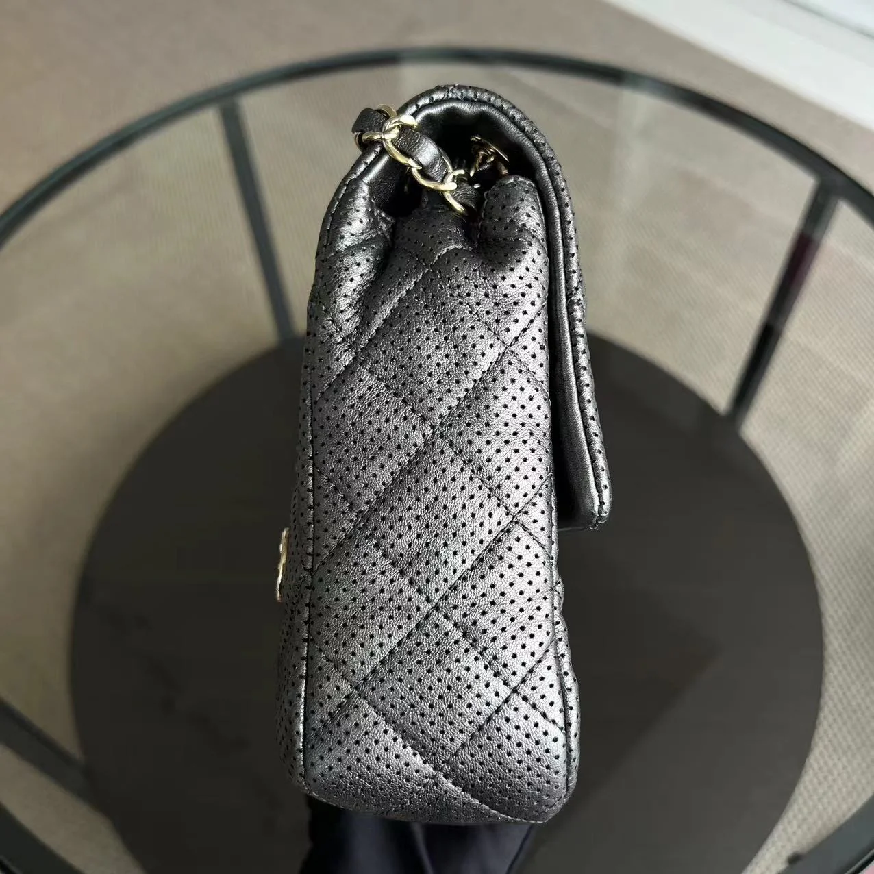 Chanel 2015 Cruise Paris-Dubai Seasonal Flap Perforated Metallic Grey Golden Hardware Series 20 - Best Luxury Designers