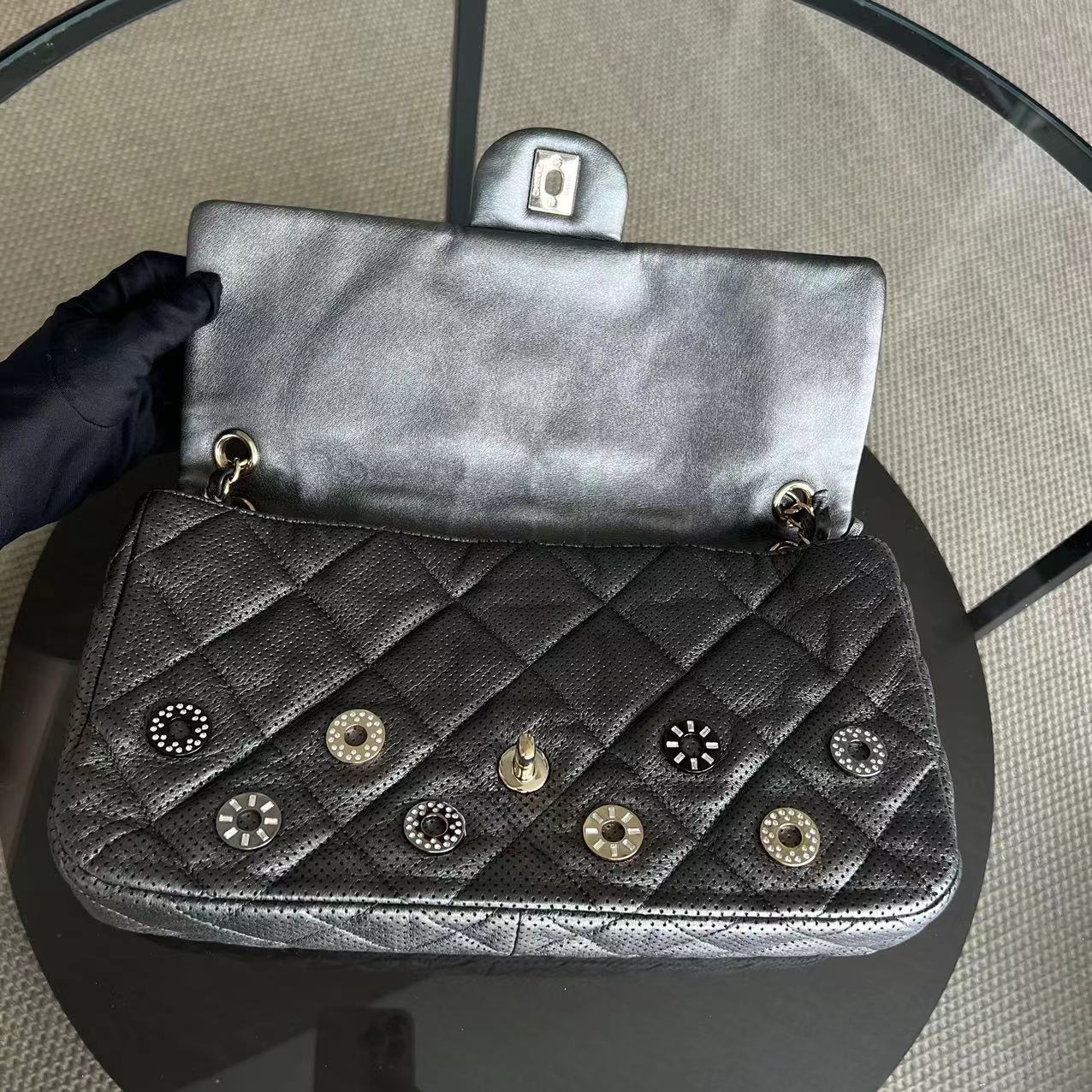 Chanel 2015 Cruise Paris-Dubai Seasonal Flap Perforated Metallic Grey Golden Hardware Series 20 - Best Luxury Designers