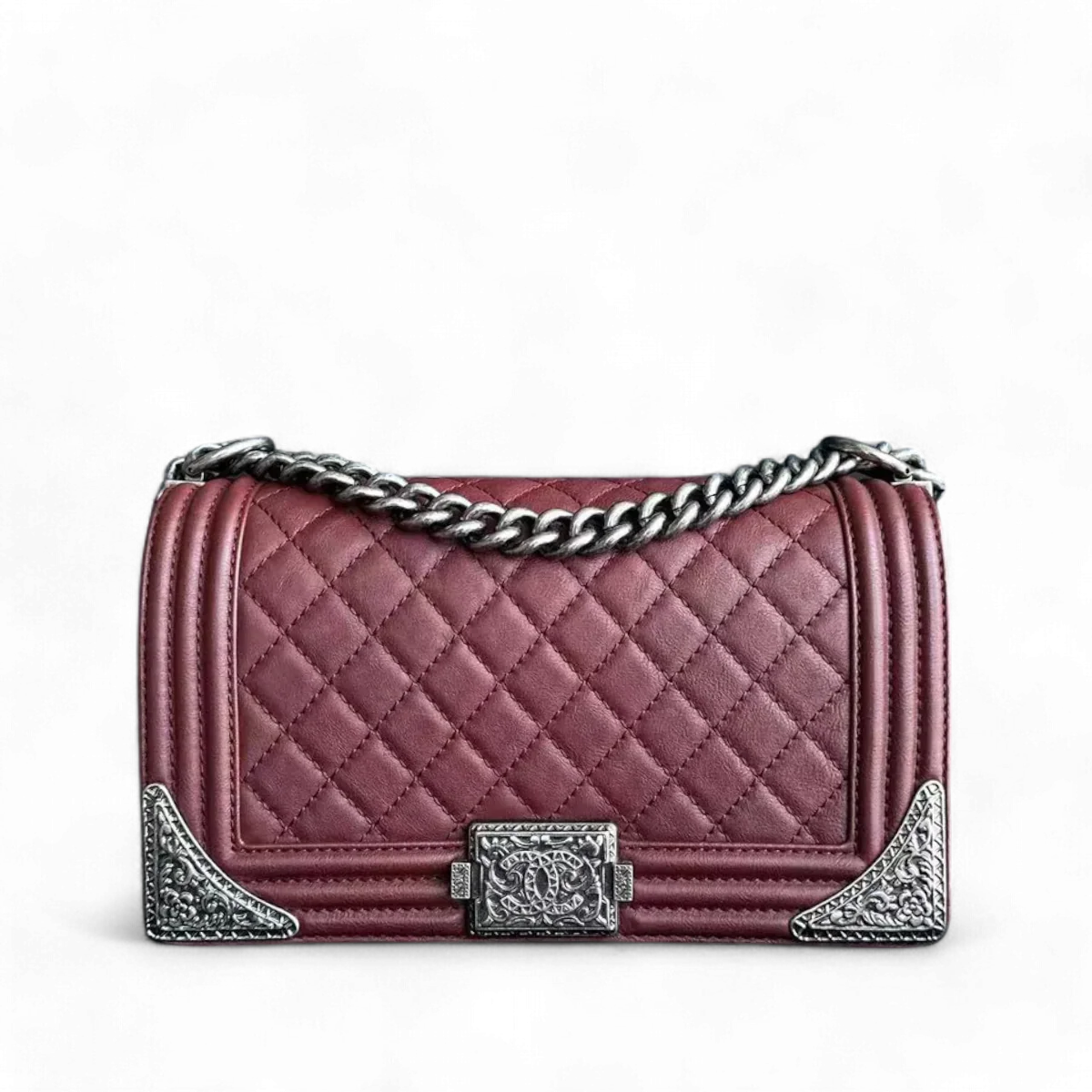 Chanel Boy Medium - 25CM Quilted Limited Edition Paris-Dallas Metal Edge Grained Calfskin Burgundy Silver Hardware Series 19