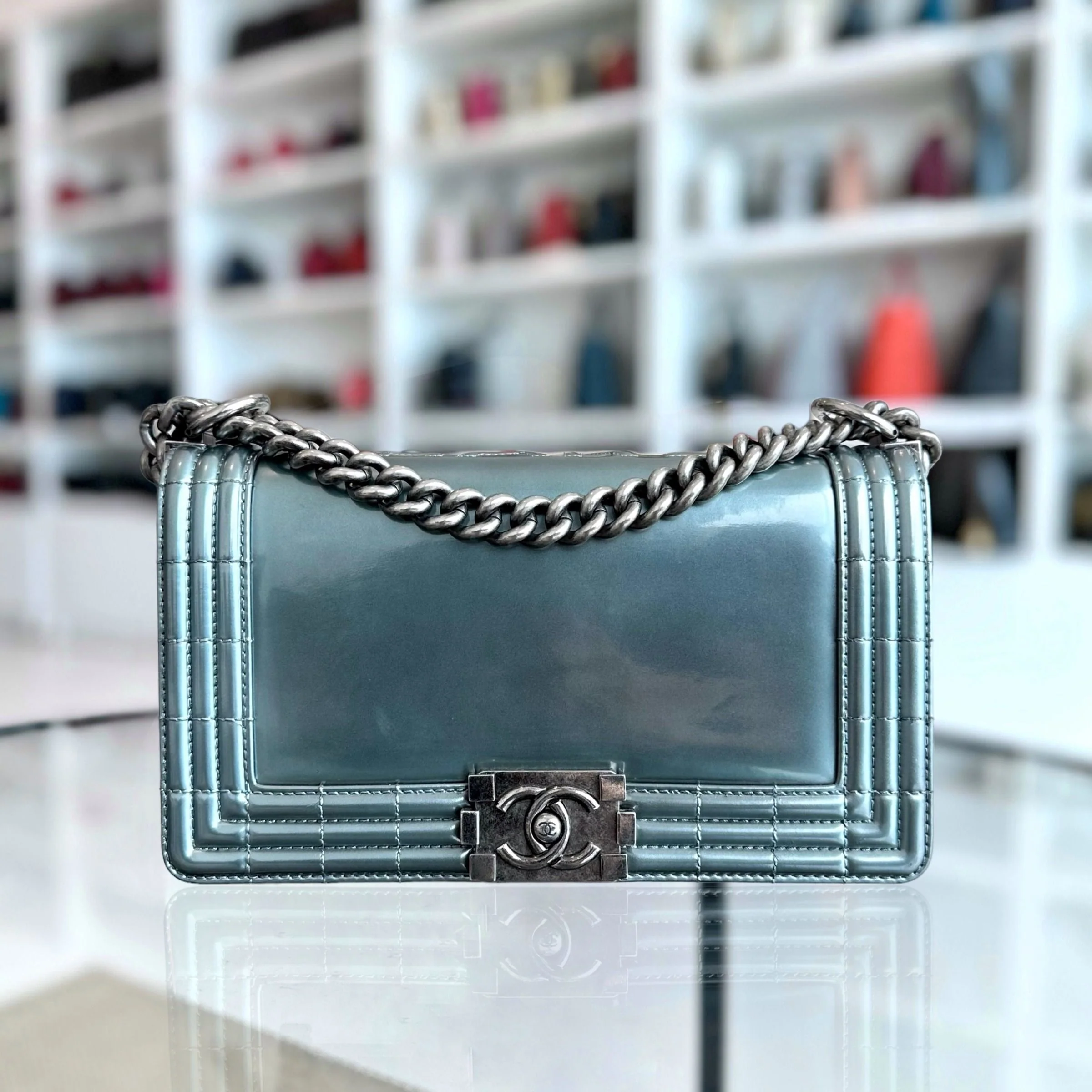 Chanel Boy Old Medium 25CM Glazed Calfskin Patent Leather Light Blue SHW No 16 - Best Luxury Designers