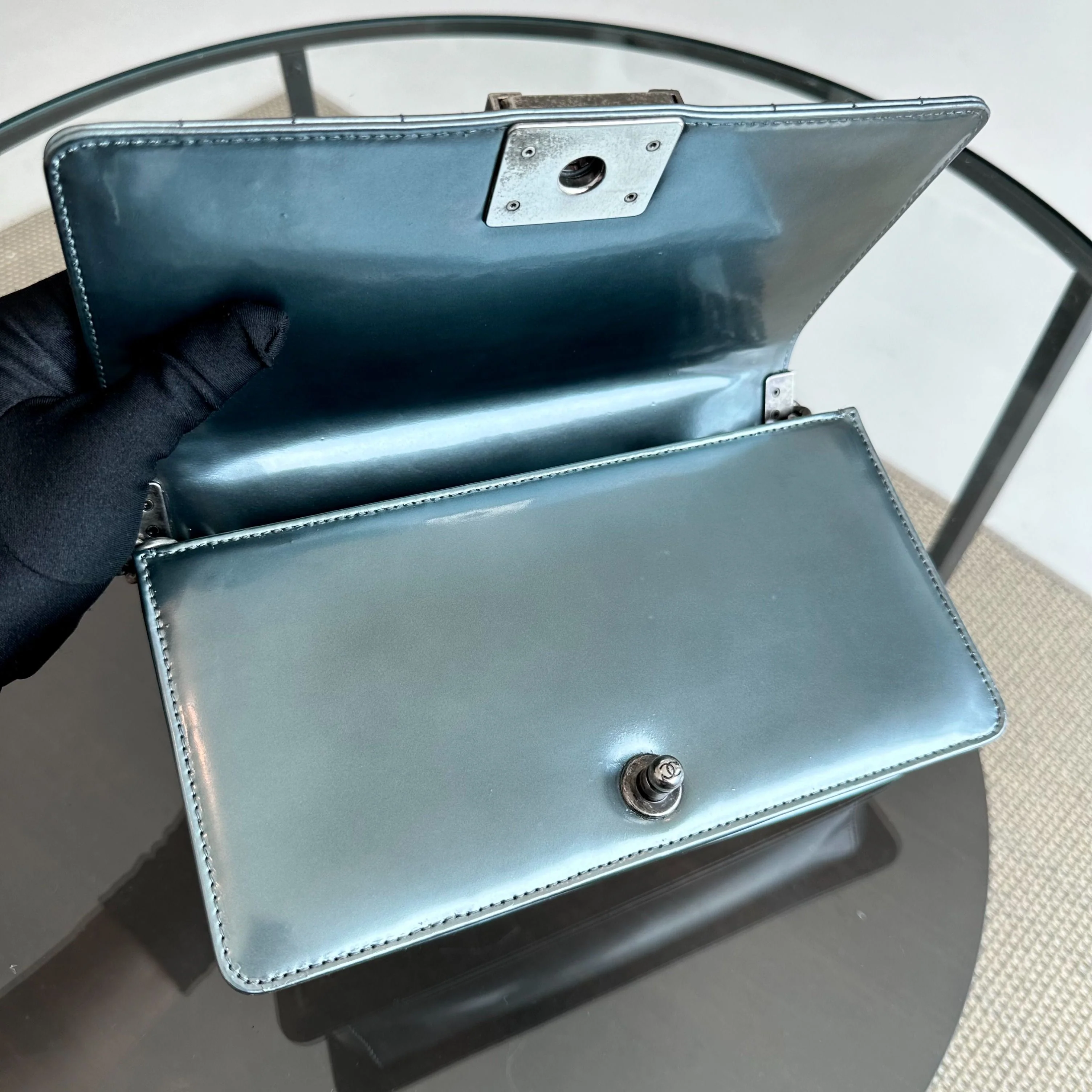 Chanel Boy Old Medium 25CM Glazed Calfskin Patent Leather Light Blue SHW No 16 - Best Luxury Designers