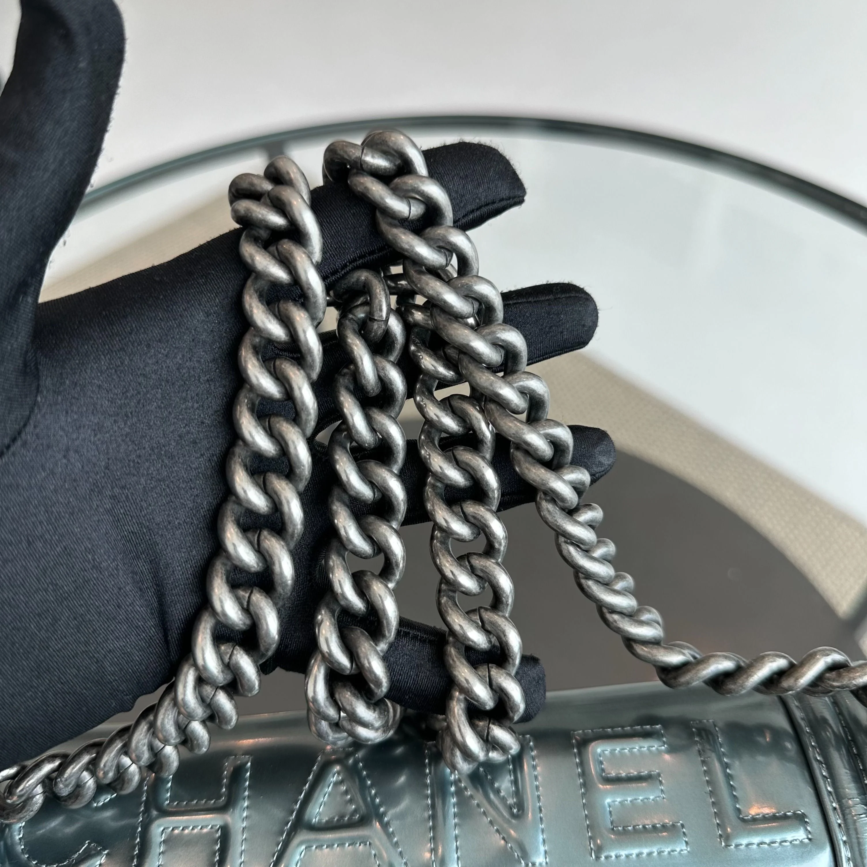 Chanel Boy Old Medium 25CM Glazed Calfskin Patent Leather Light Blue SHW No 16 - Best Luxury Designers